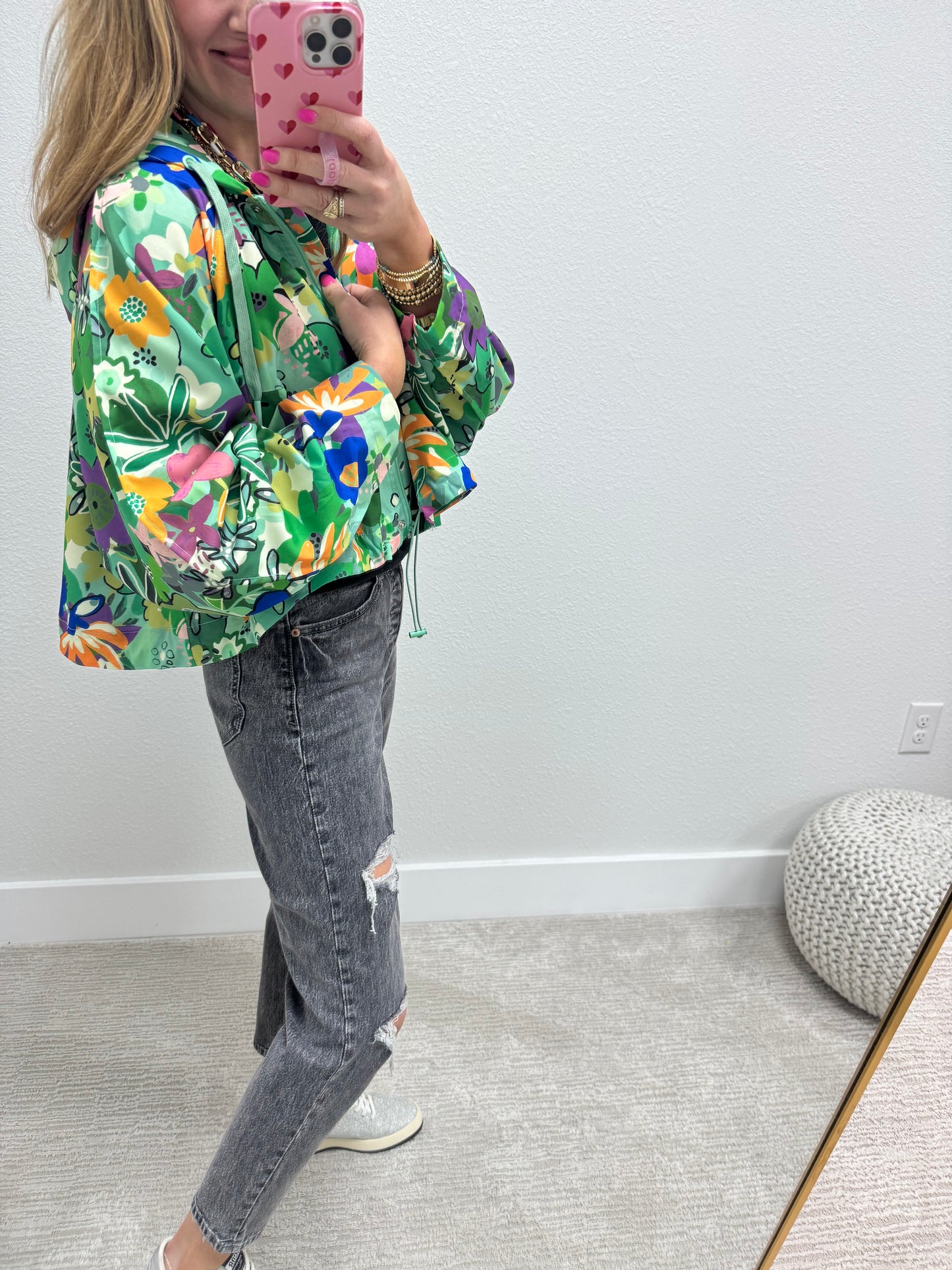 Green Floral High Low Zipper Hoodie