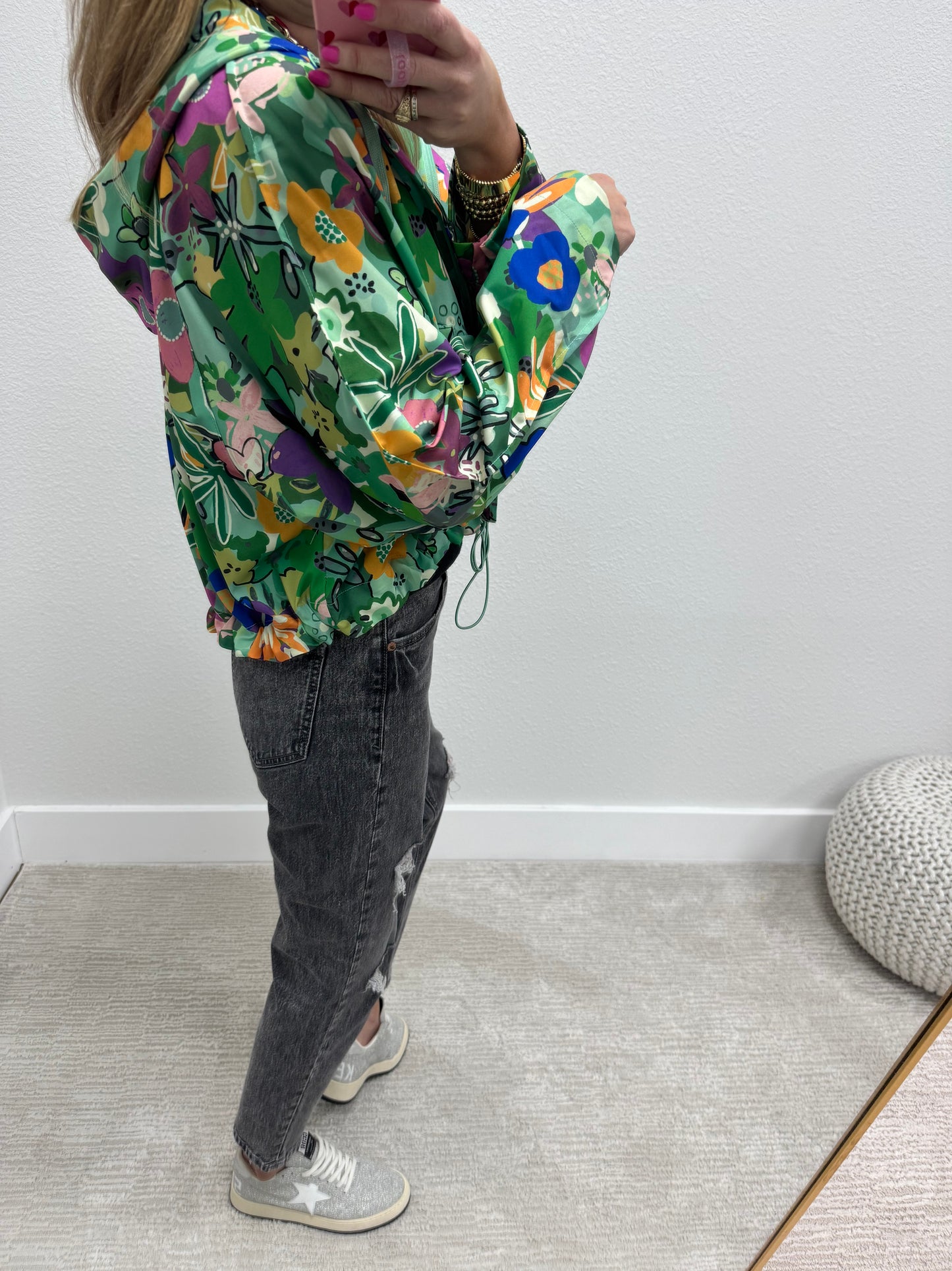 Green Floral High Low Zipper Hoodie