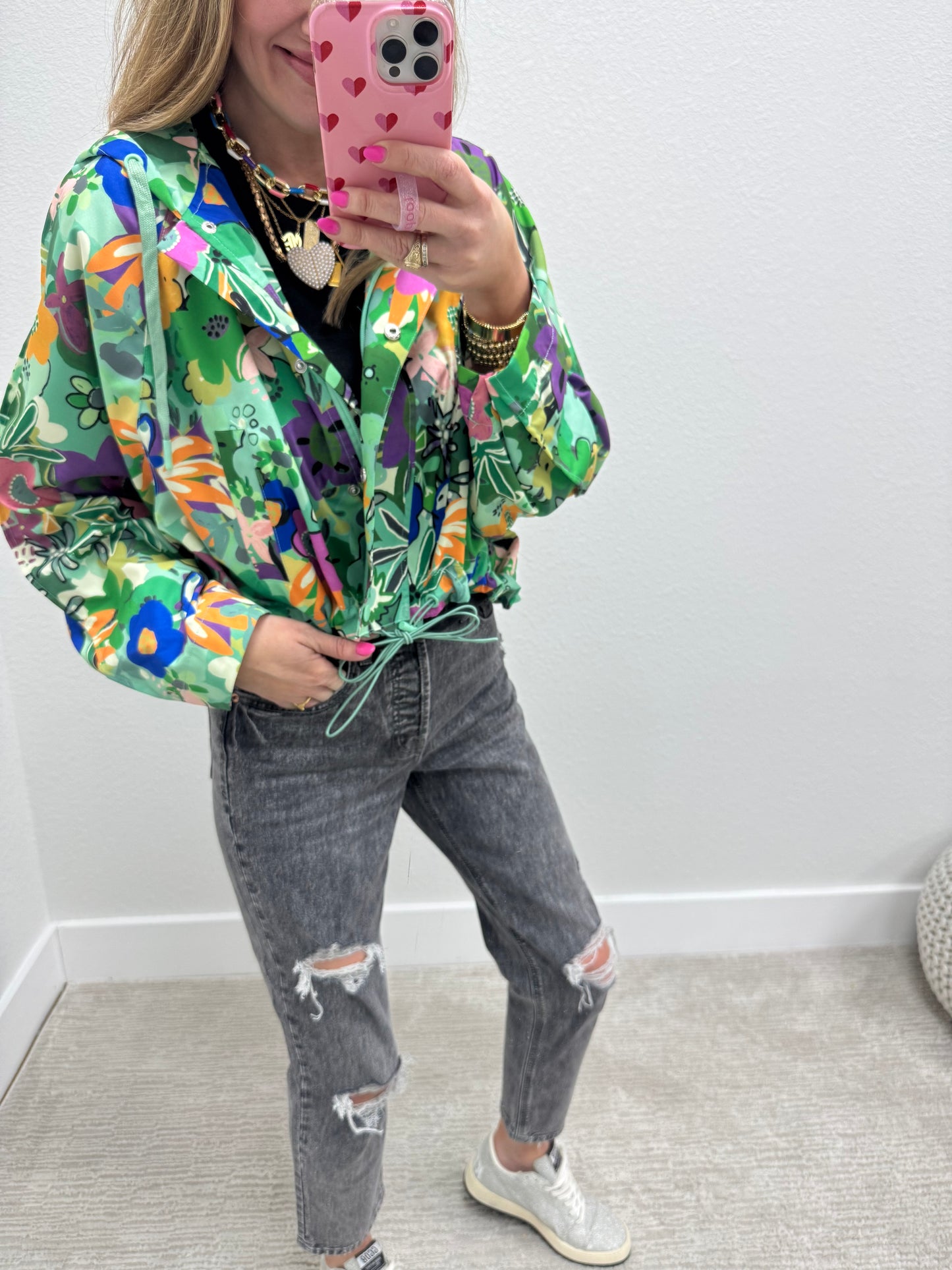 Green Floral High Low Zipper Hoodie