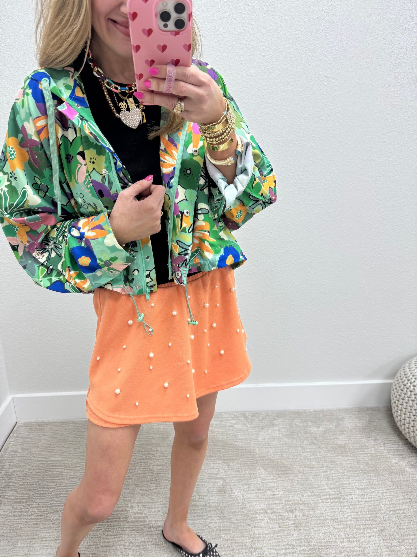 Green Floral High Low Zipper Hoodie
