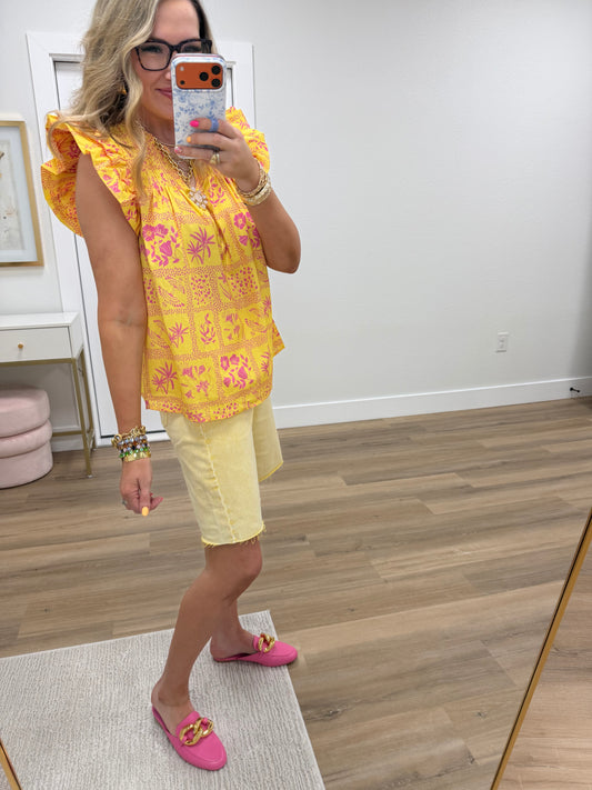 Yellow and Pink Printed Flutter Sleeve Top