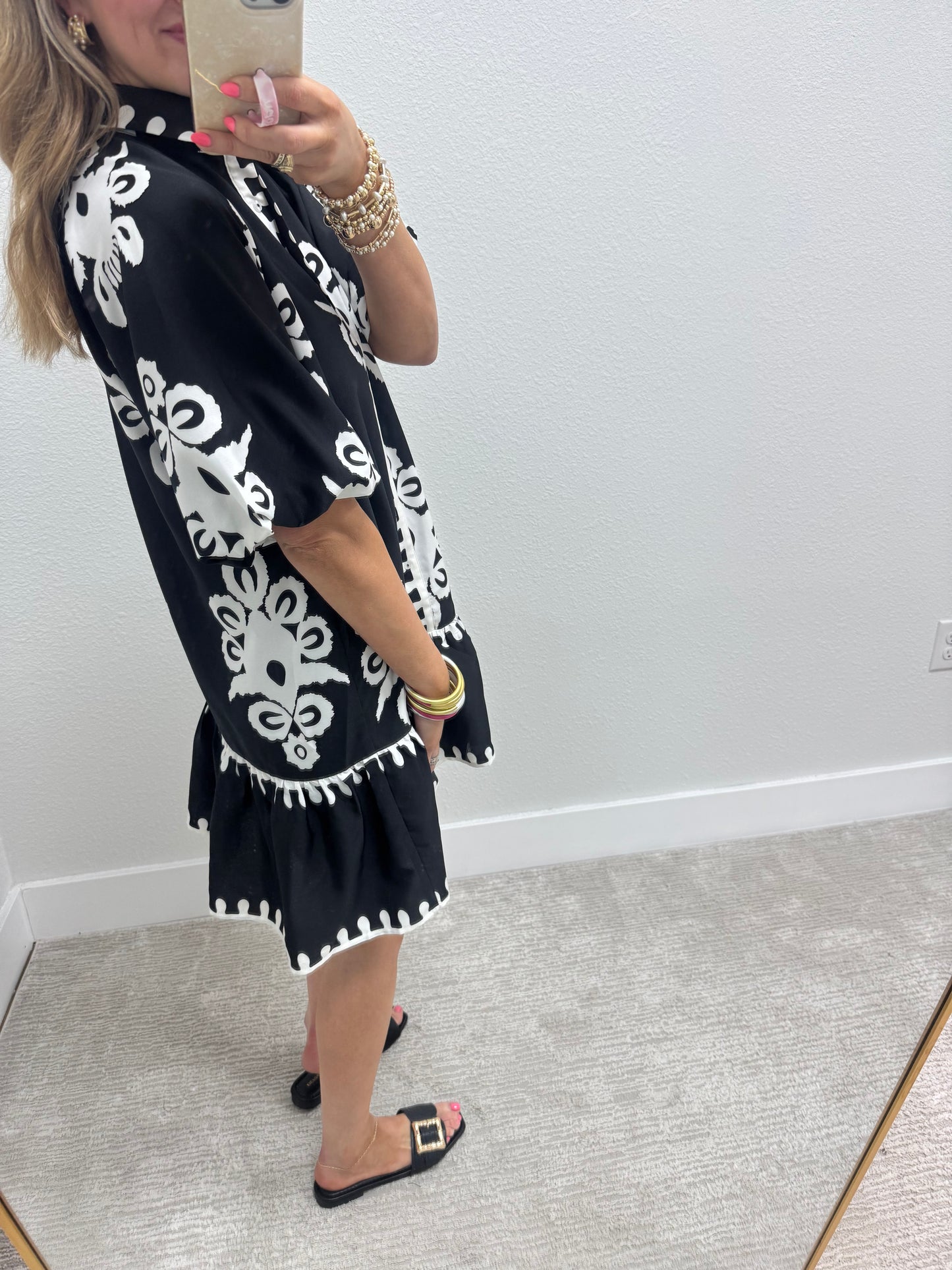 Black and White Printed Shirt Style Dress