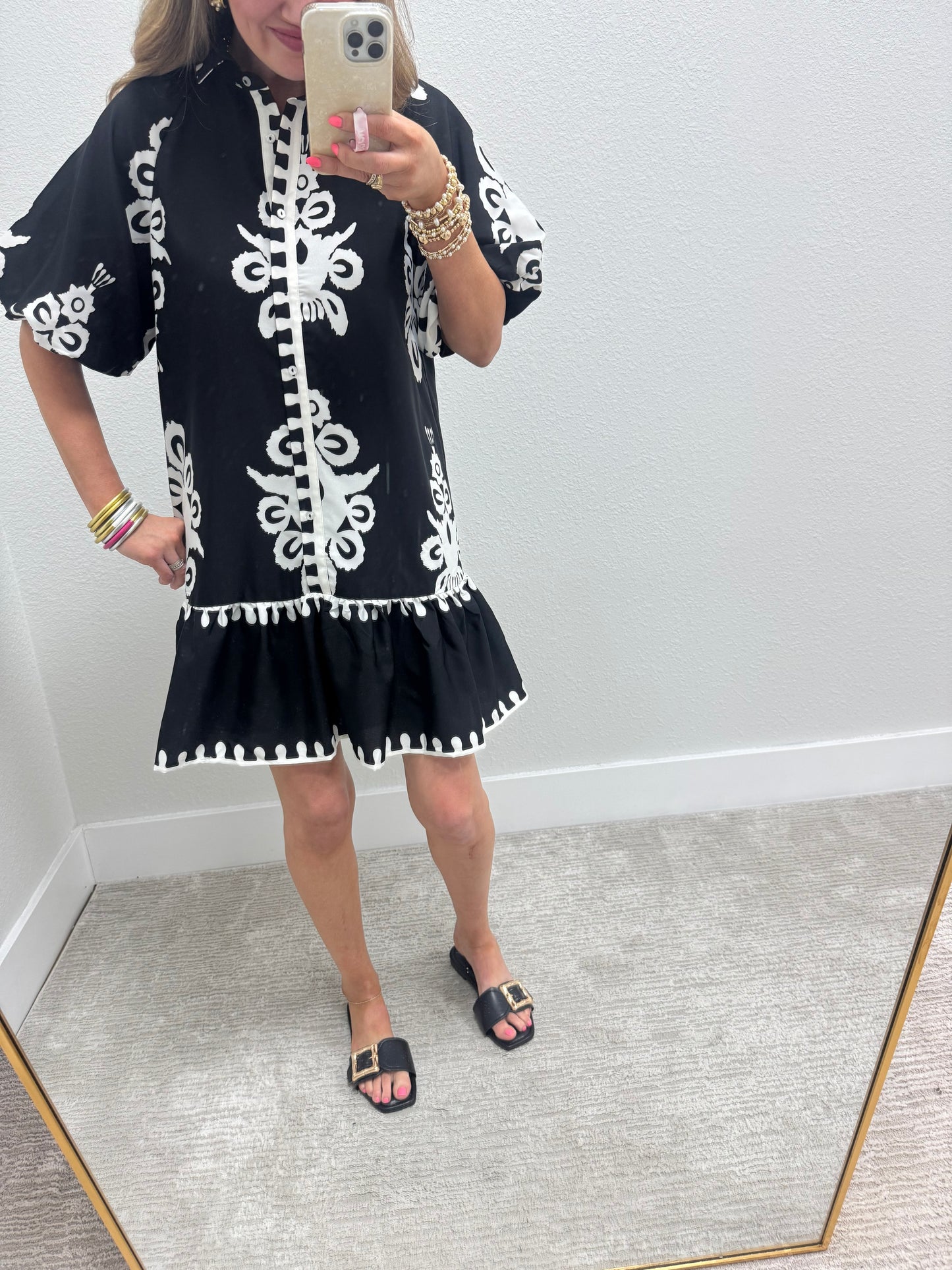 Black and White Printed Shirt Style Dress