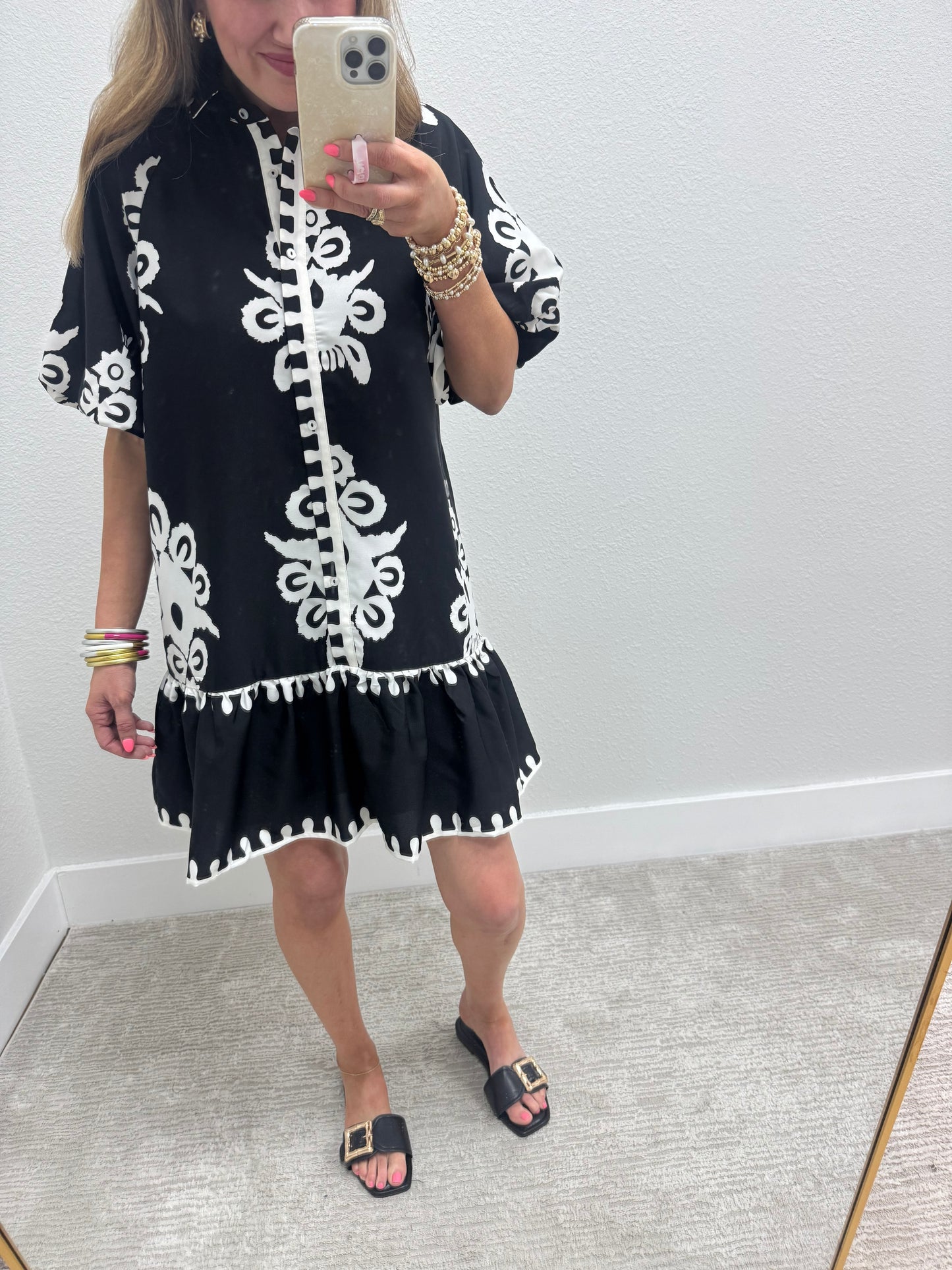 Black and White Printed Shirt Style Dress
