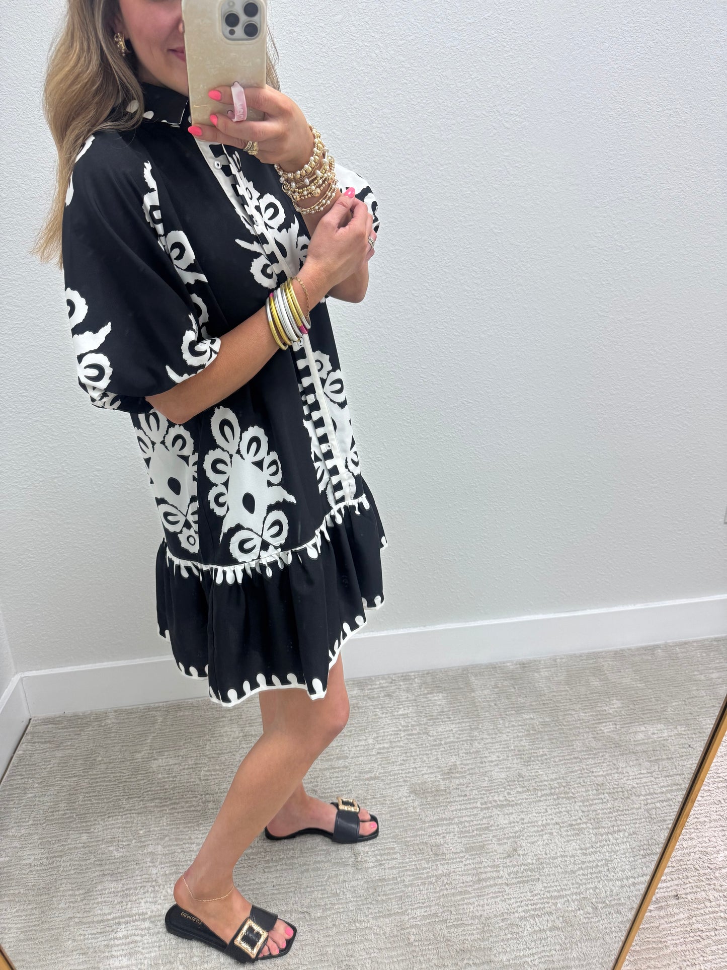 Black and White Printed Shirt Style Dress