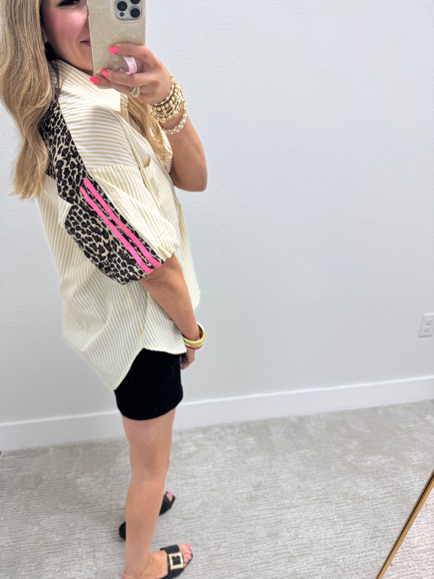 Tan and White Stripe Top With Leopard Back