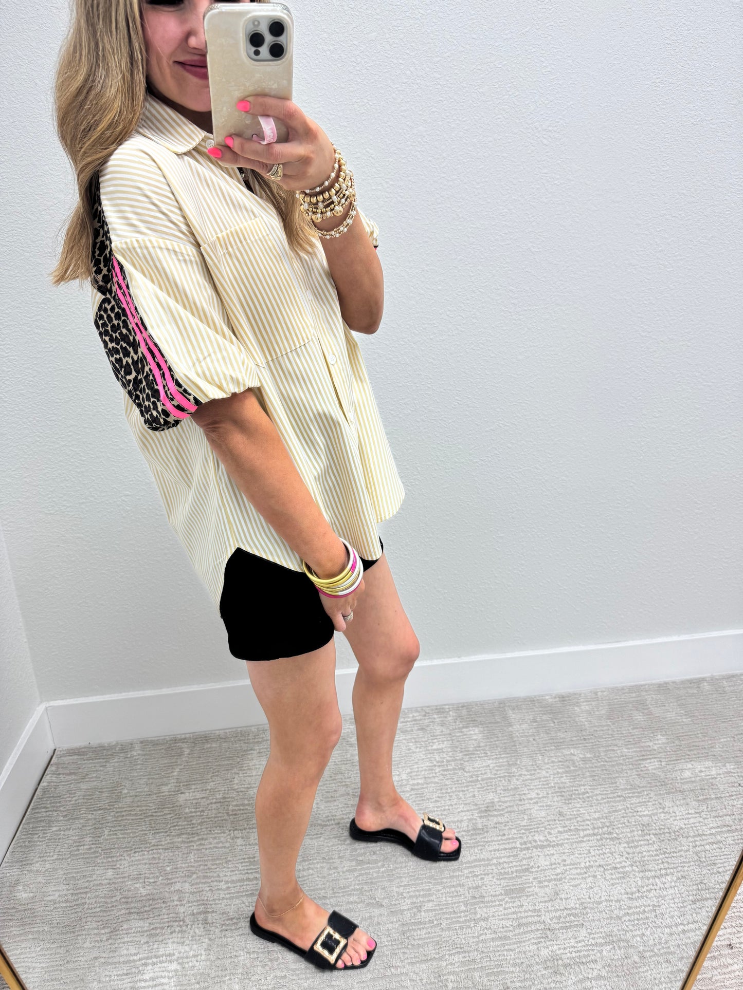 Tan and White Stripe Top With Leopard Back