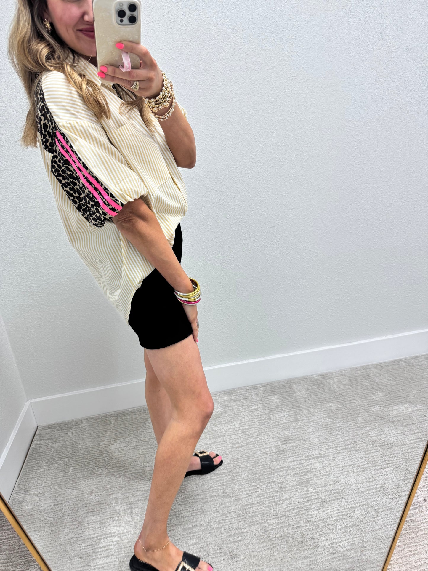 Tan and White Stripe Top With Leopard Back