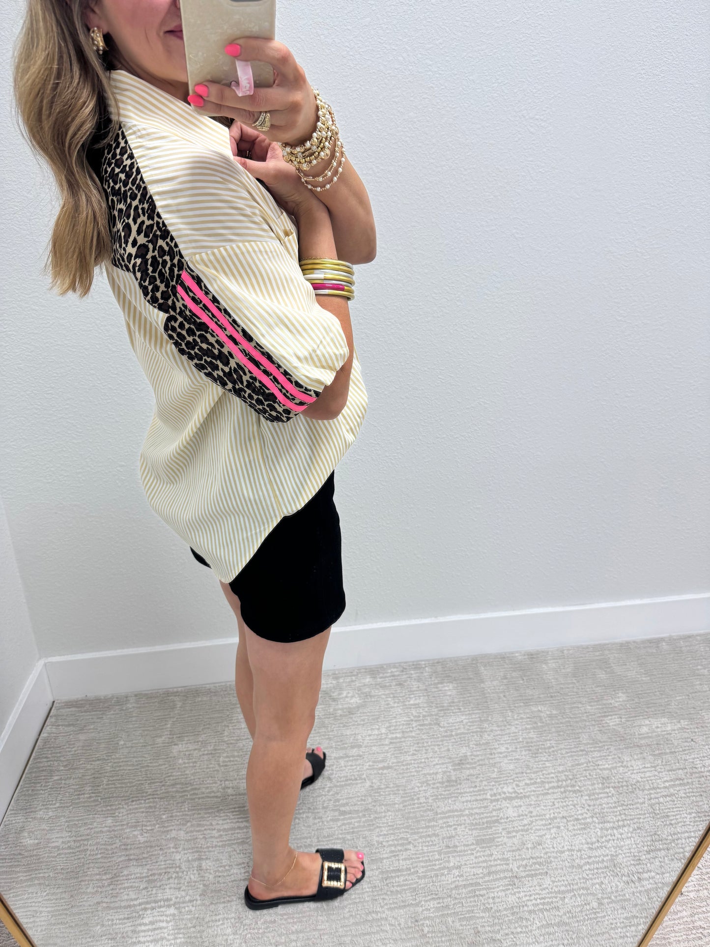 Tan and White Stripe Top With Leopard Back