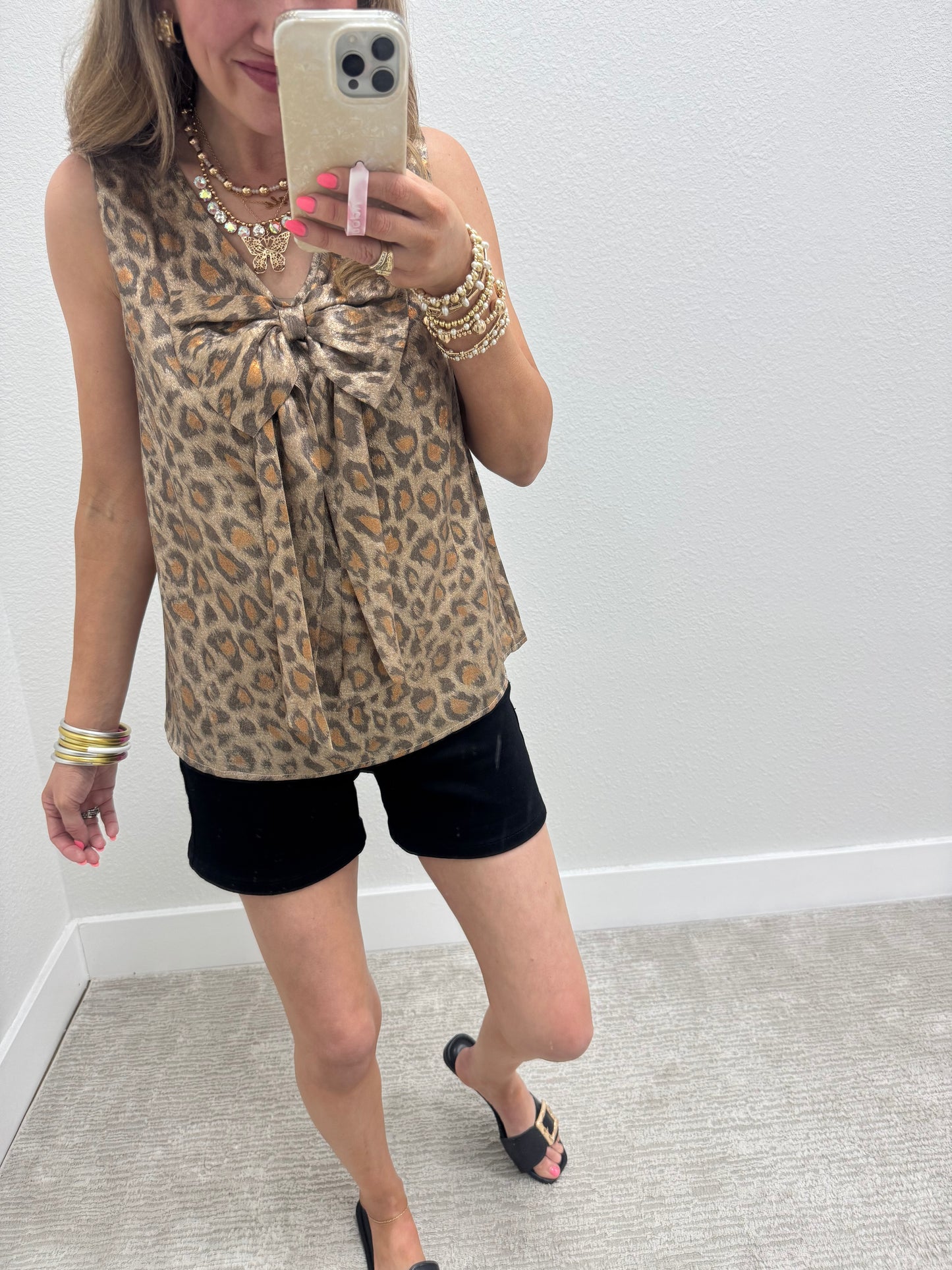 Leopard Metallic Bow Front Top