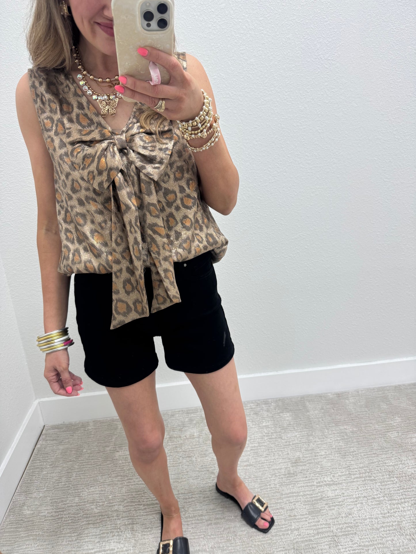 Leopard Metallic Bow Front Top