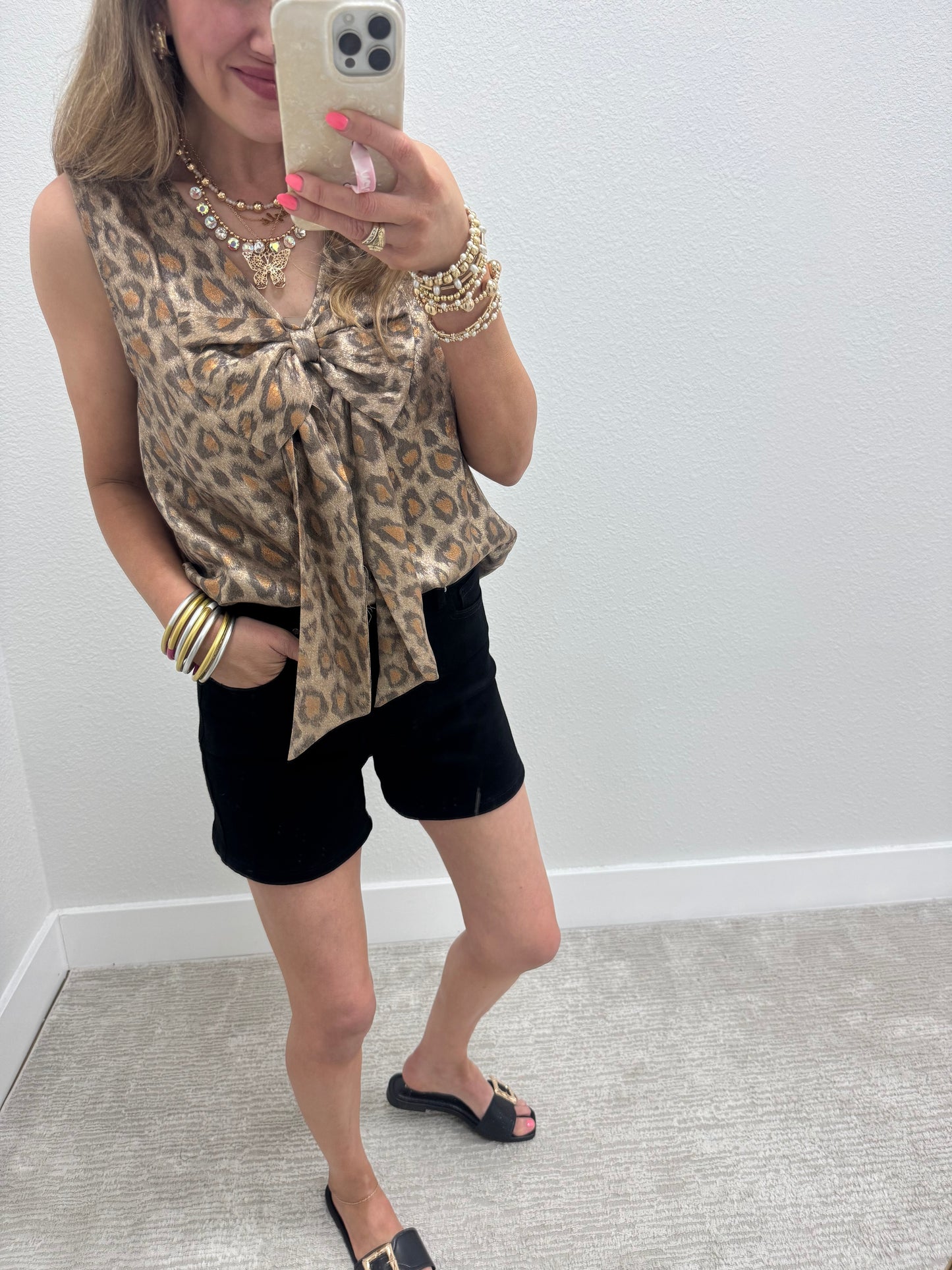 Leopard Metallic Bow Front Top