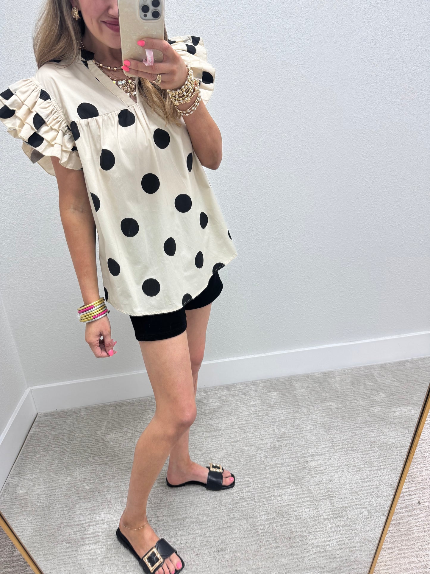 Cream and Black Big Dot Ruffle Sleeve Shirt