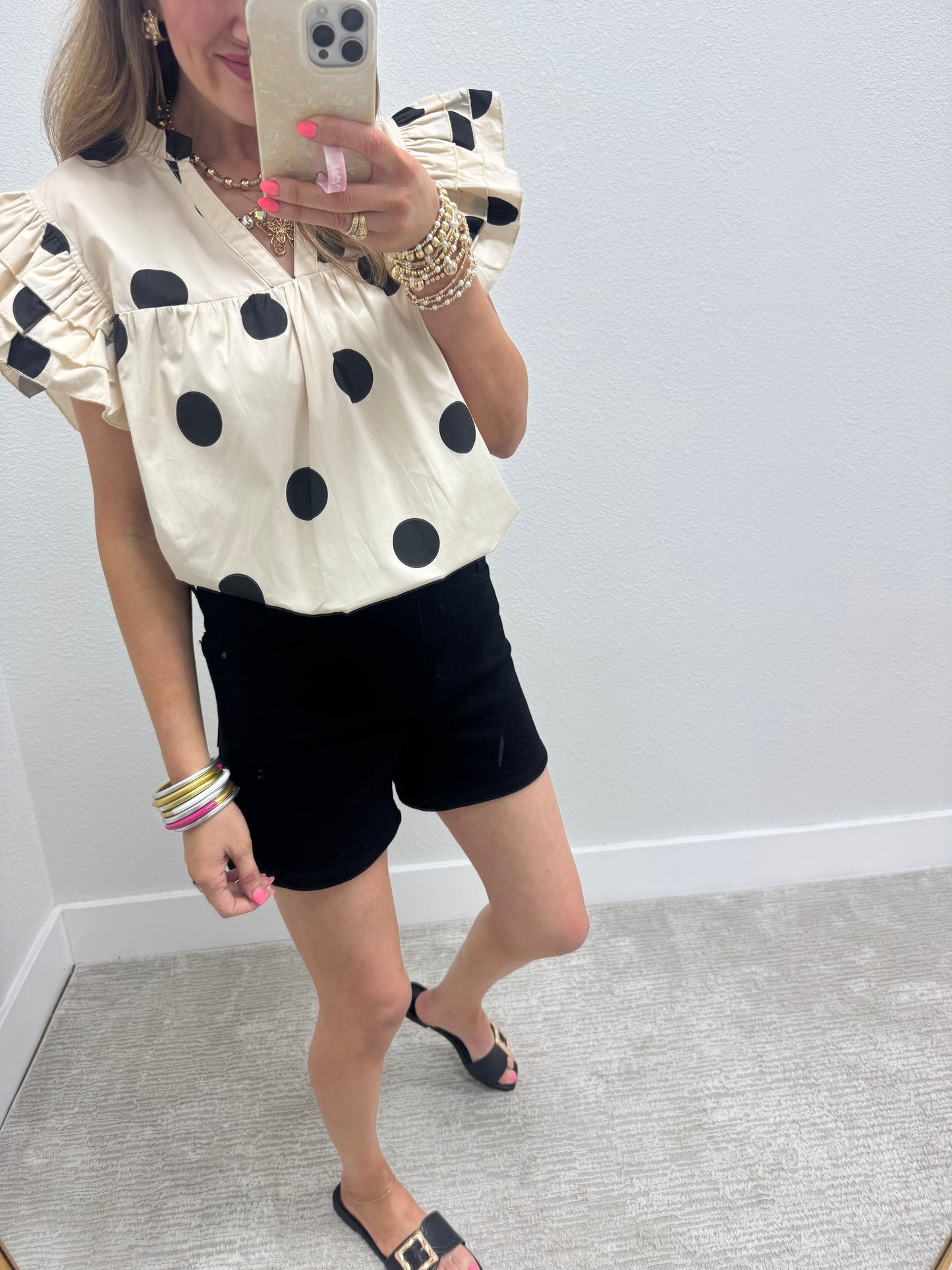 Cream and Black Big Dot Ruffle Sleeve Shirt