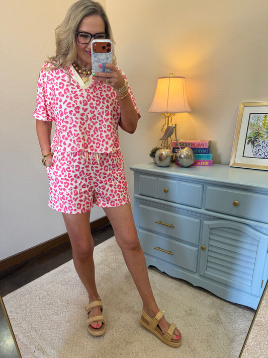 Pink V Neck Patchwork Leopard Printed 2pcs Short Set