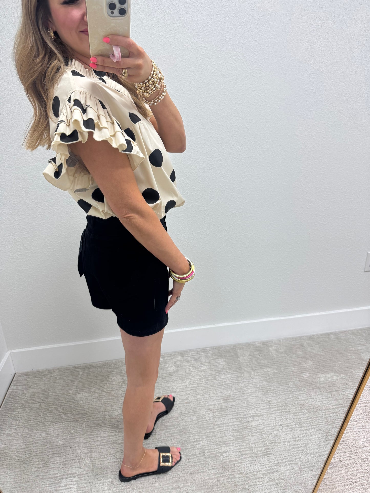 Cream and Black Big Dot Ruffle Sleeve Shirt