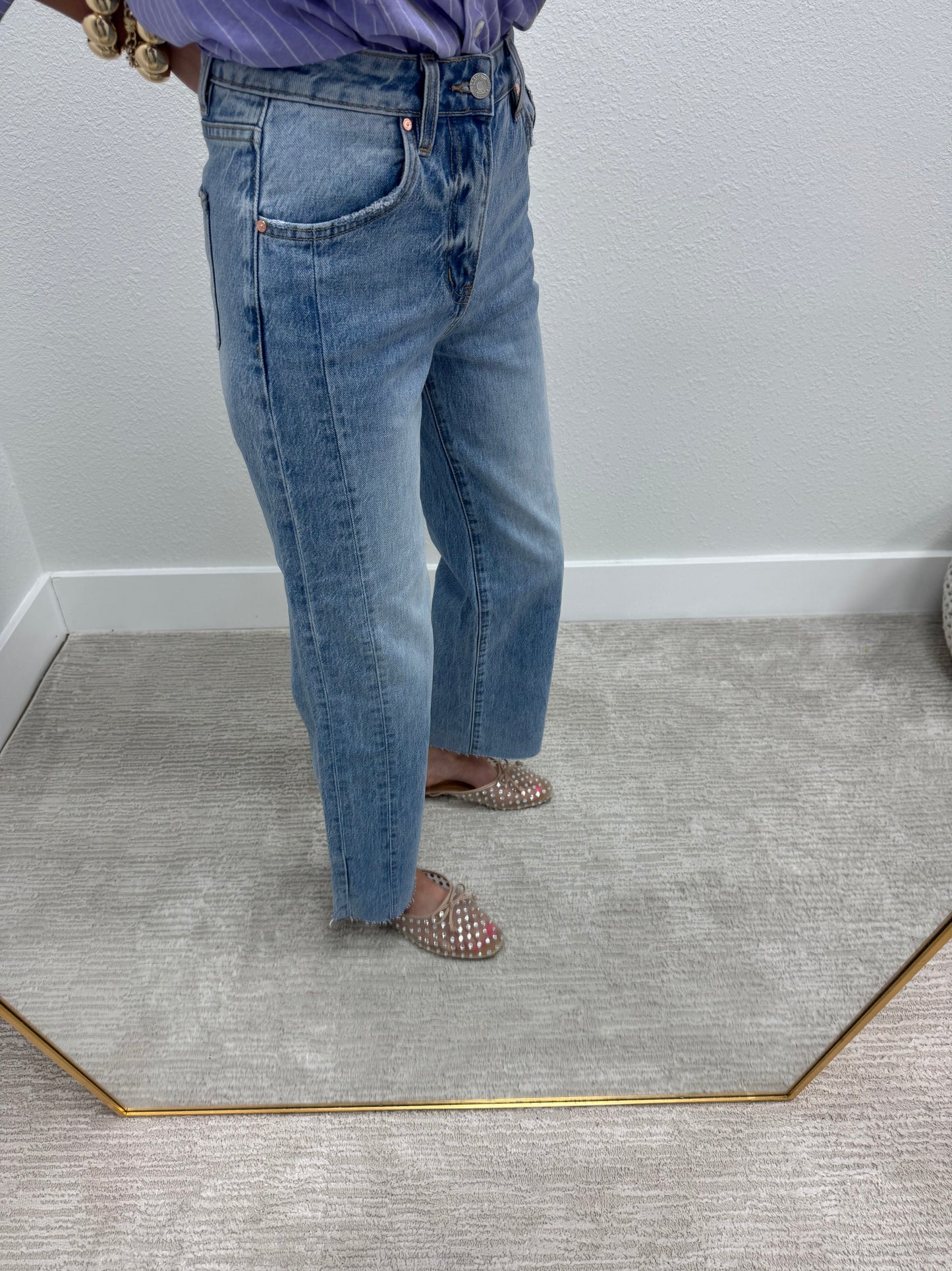 High Rise Side Panel Straight Leg Jean Medium Wash