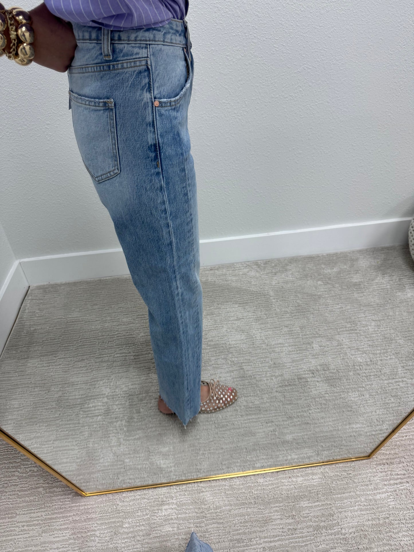 High Rise Side Panel Straight Leg Jean Medium Wash