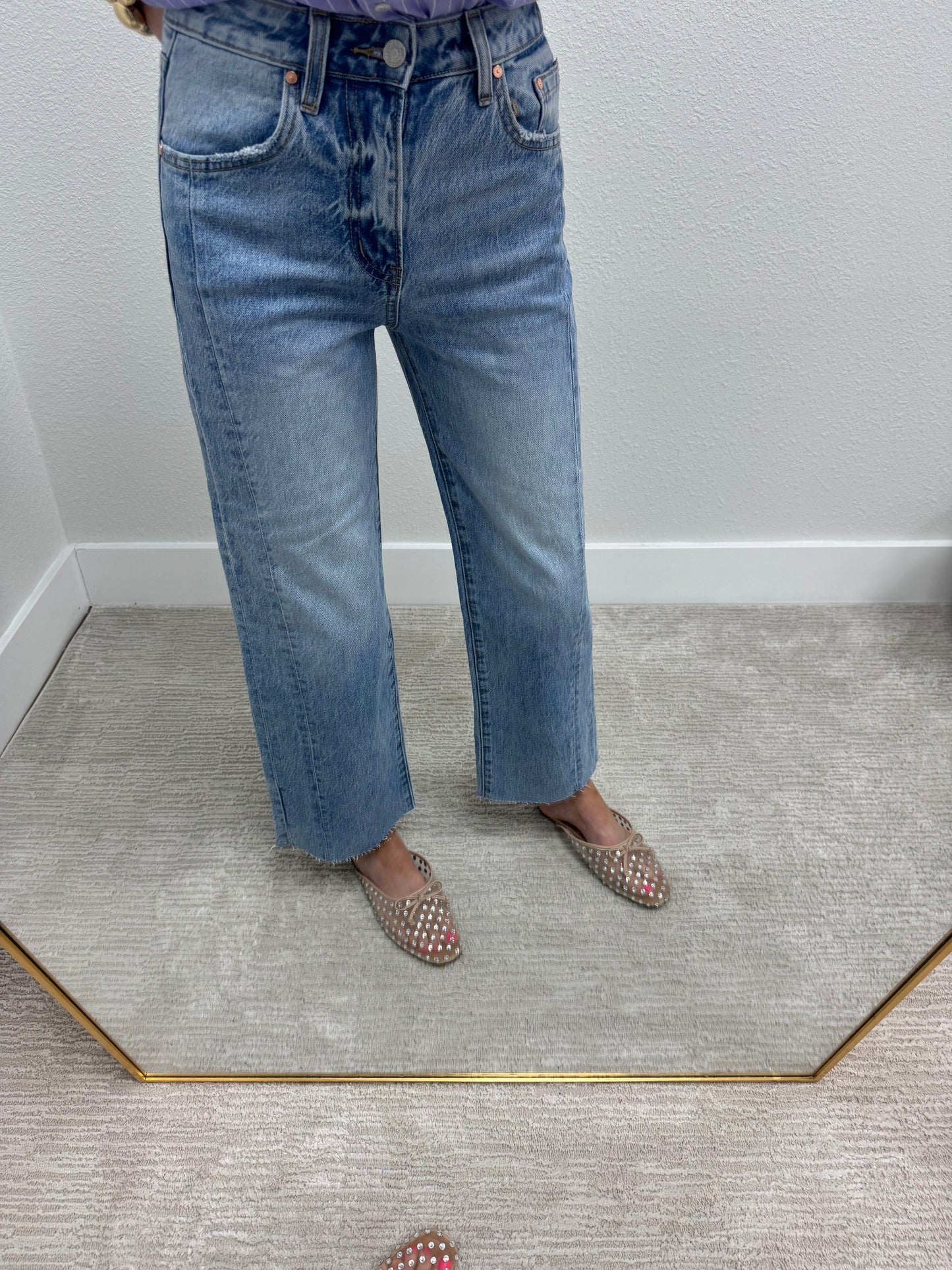 High Rise Side Panel Straight Leg Jean Medium Wash