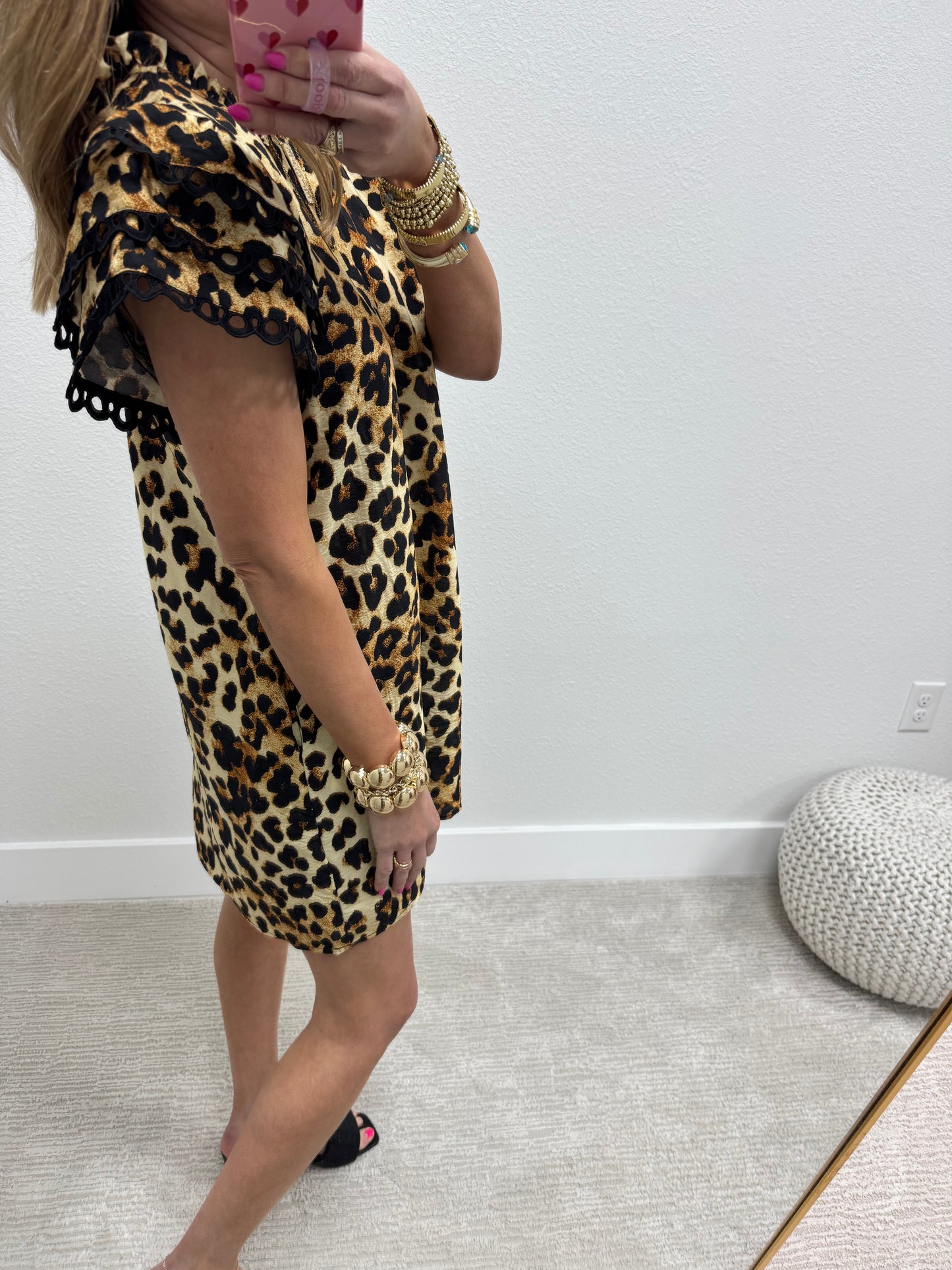 Leopard Dress with Ruffle Collar and Eyelet Lace Detail Sleeves