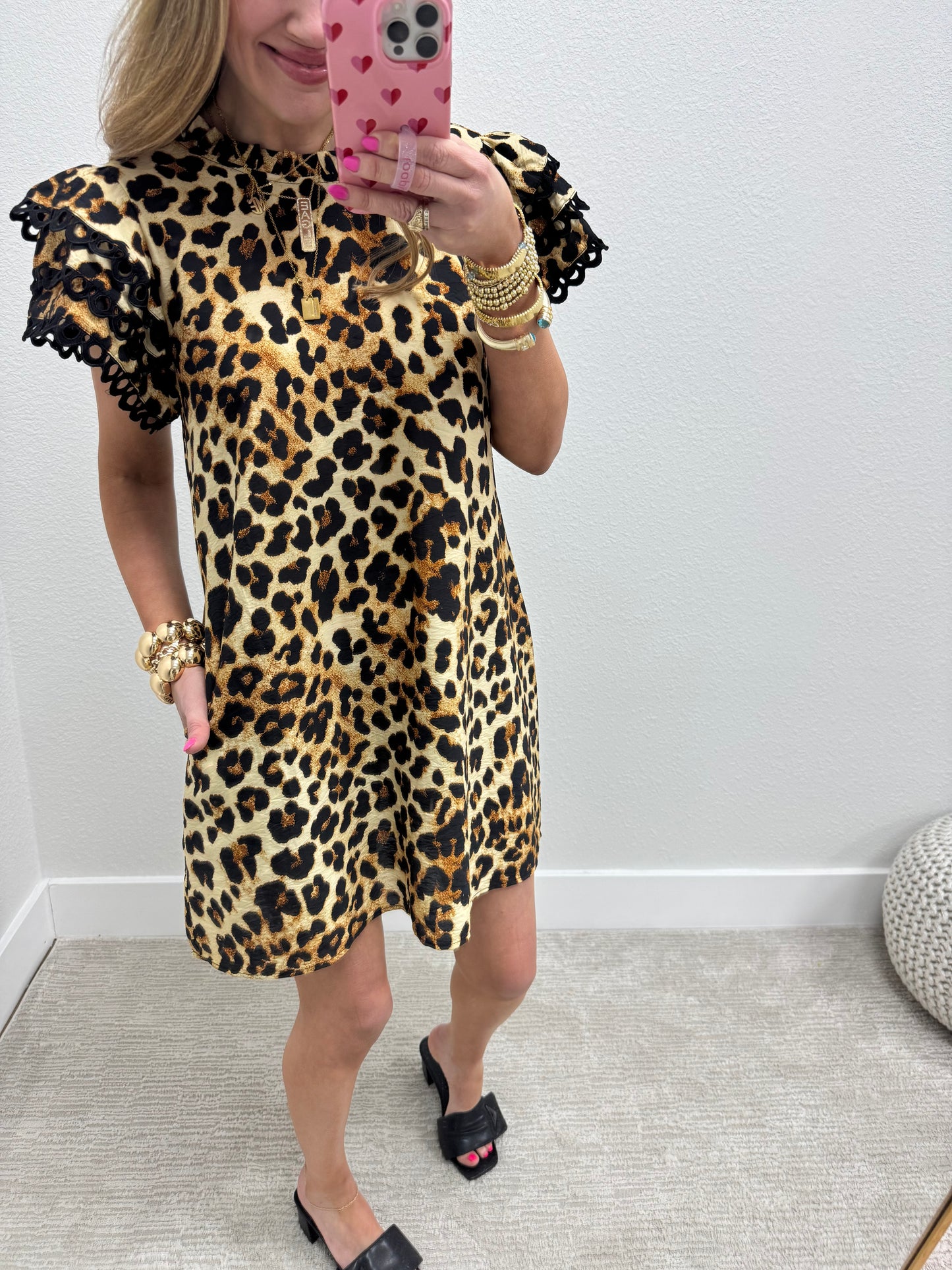 Leopard Dress with Ruffle Collar and Eyelet Lace Detail Sleeves