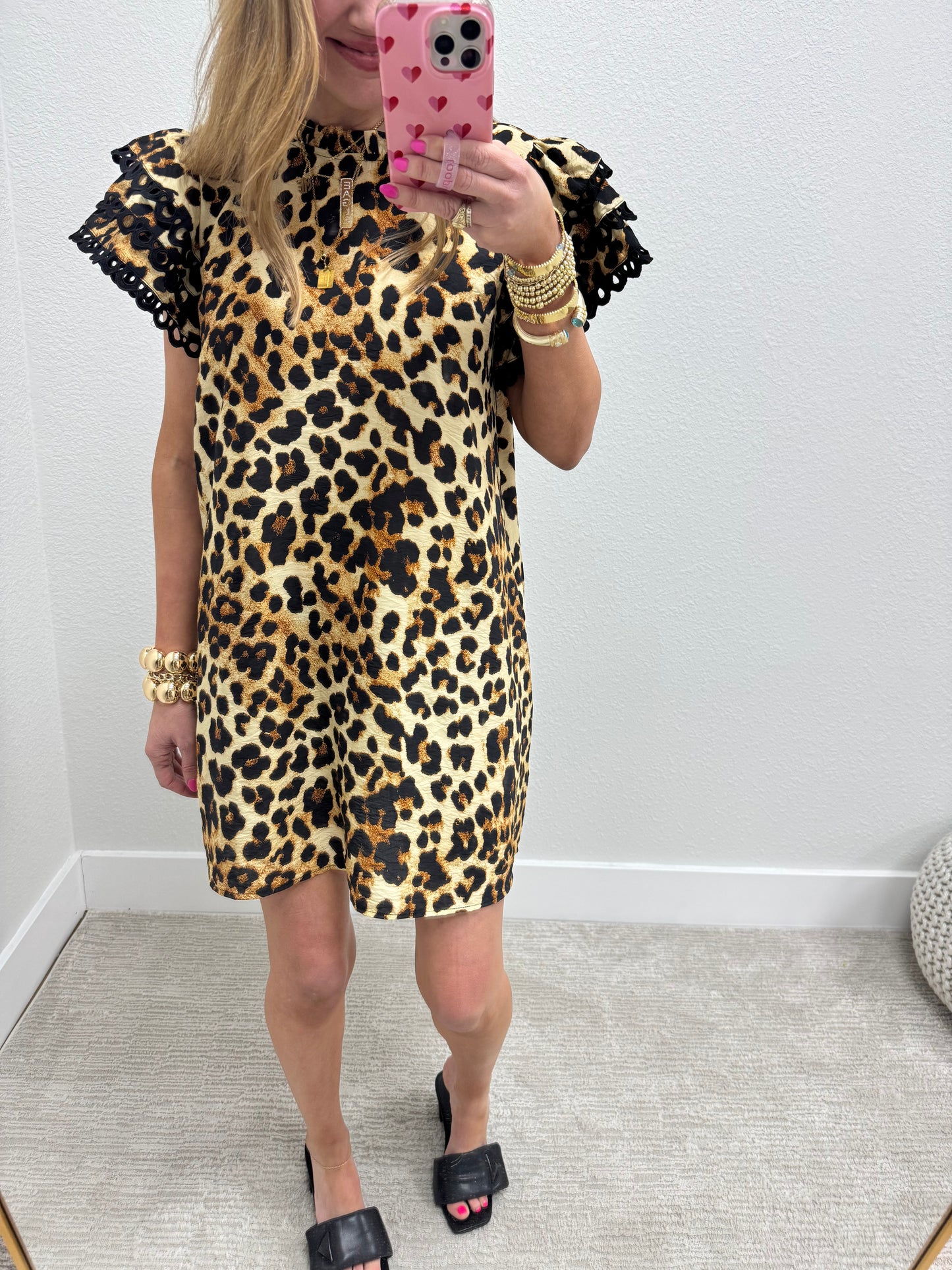 Leopard Dress with Ruffle Collar and Eyelet Lace Detail Sleeves