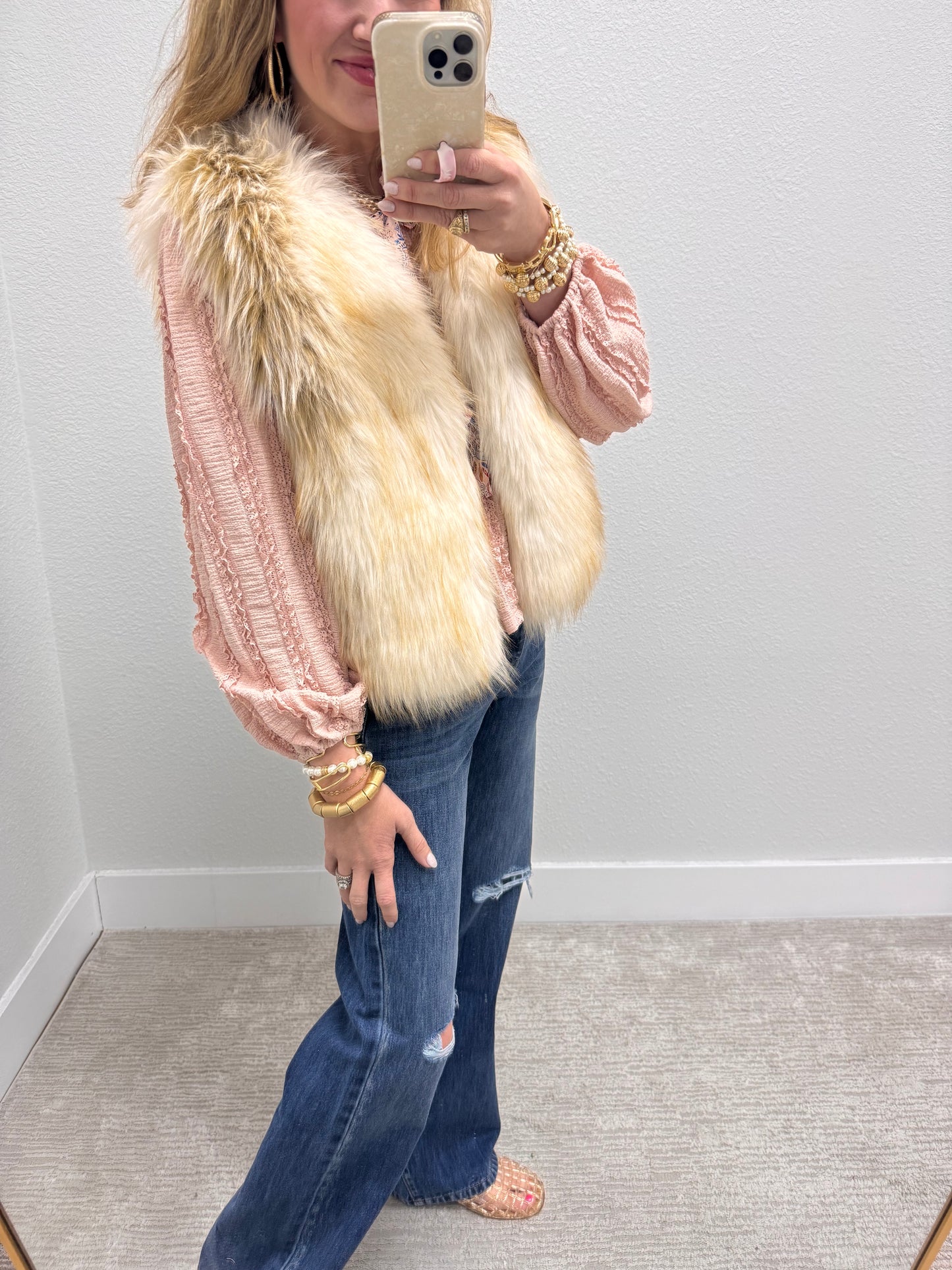 White Taupe Faux Fur Layered Vest
