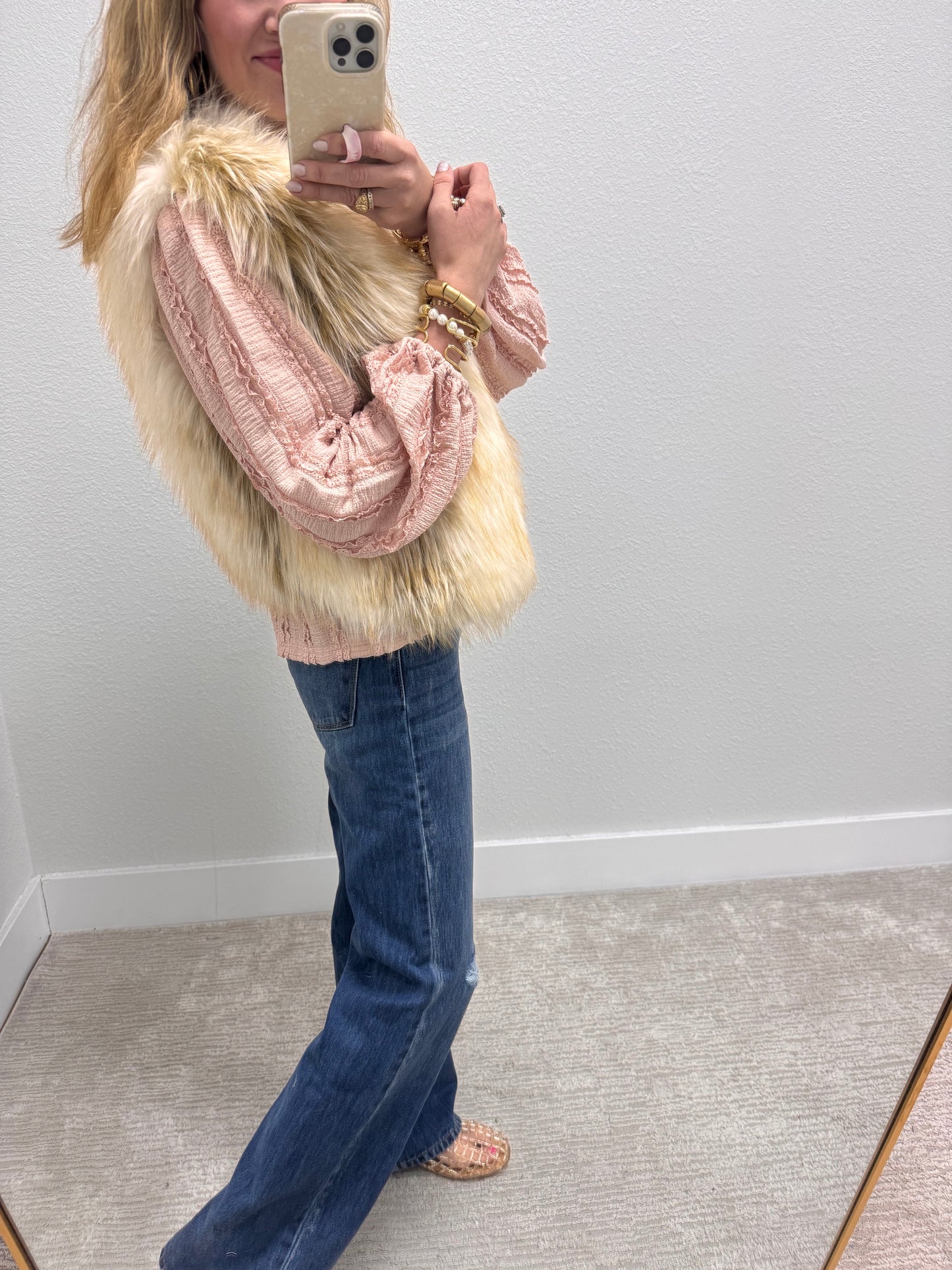 White Taupe Faux Fur Layered Vest
