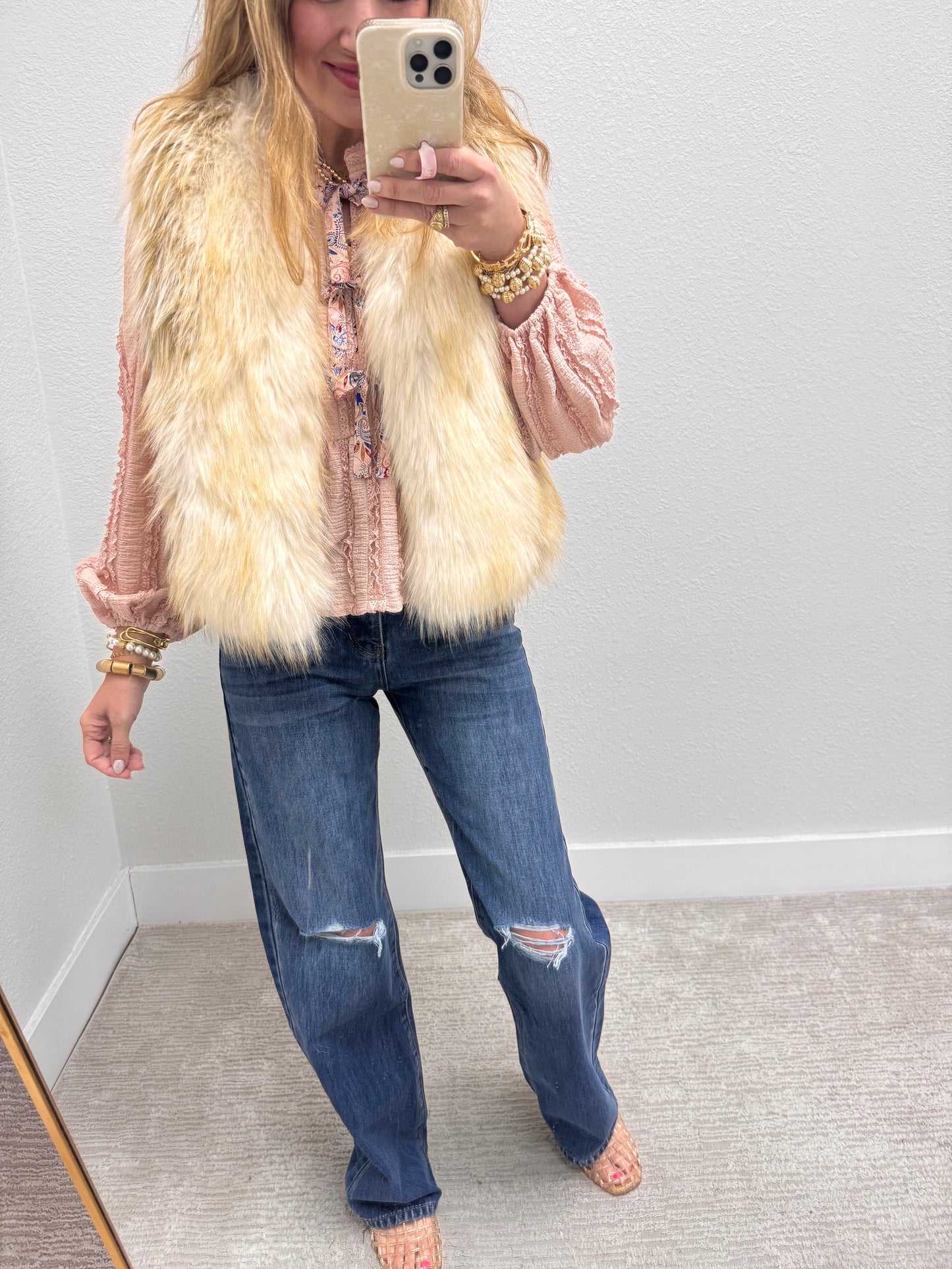 White Taupe Faux Fur Layered Vest