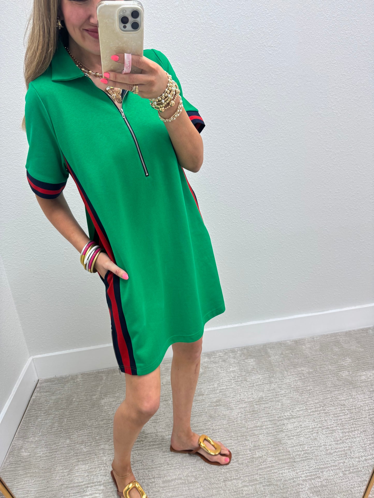 Kelly Green Dress with Red/Green Stripe Side Detail