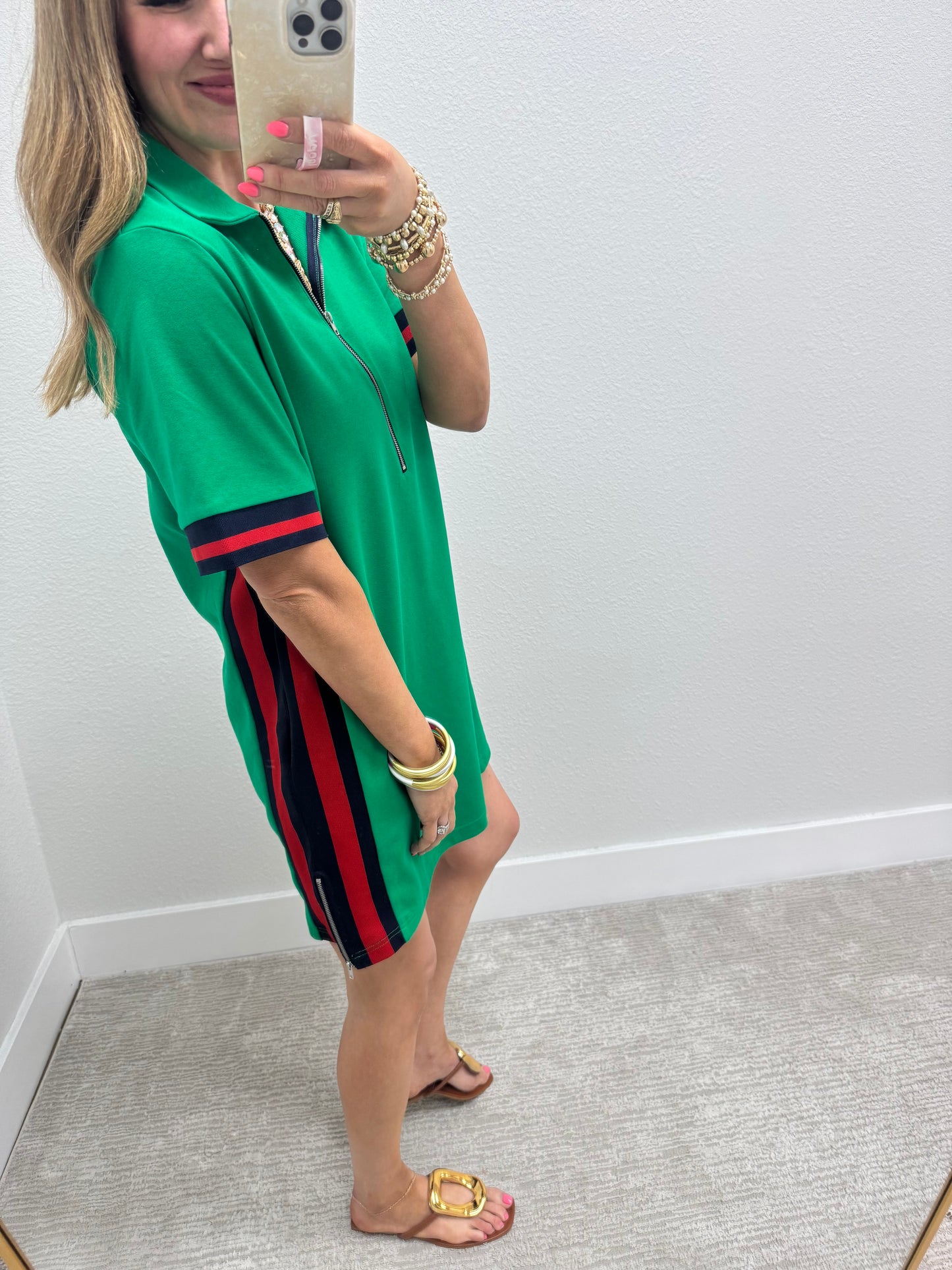 Kelly Green Dress with Red/Green Stripe Side Detail