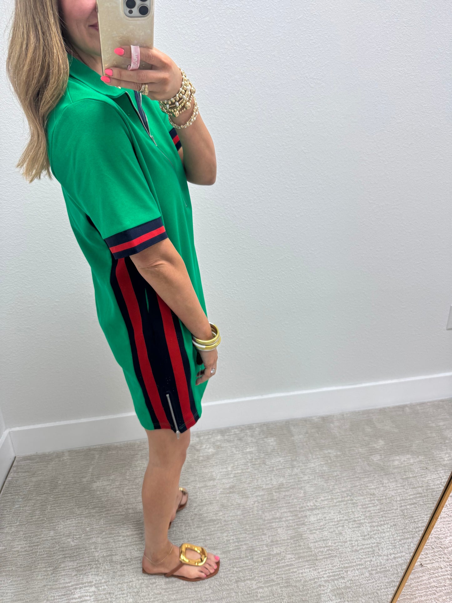Kelly Green Dress with Red/Green Stripe Side Detail