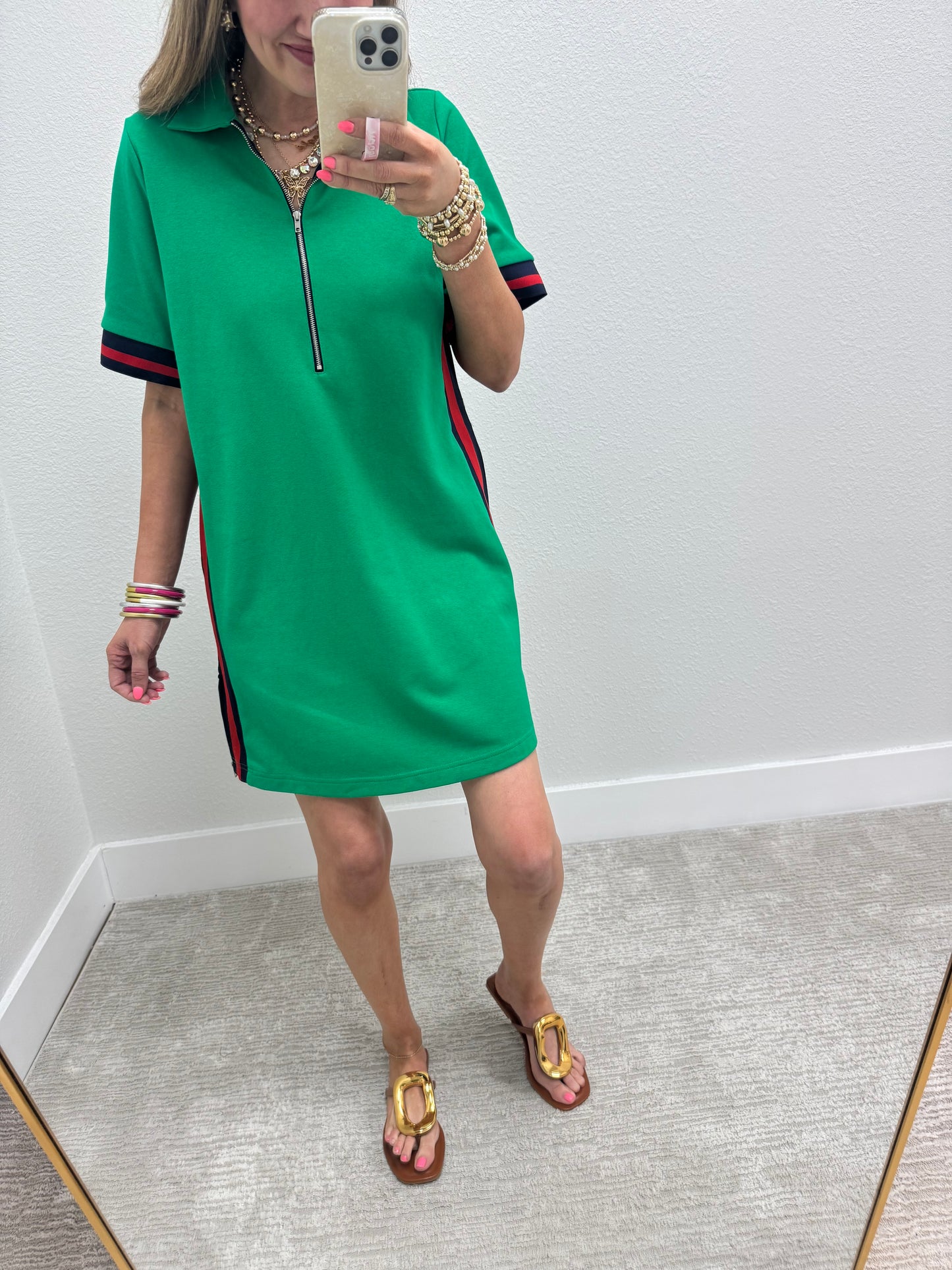 Kelly Green Dress with Red/Green Stripe Side Detail