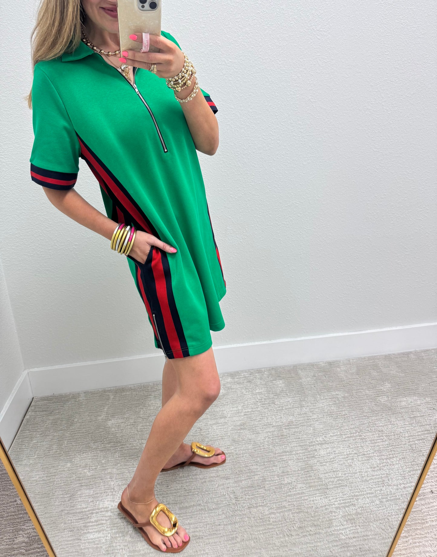 Kelly Green Dress with Red/Green Stripe Side Detail