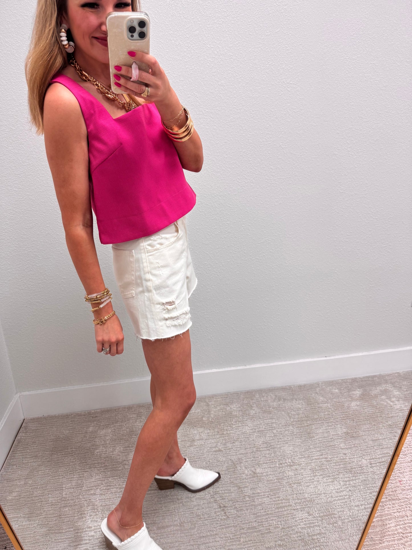Pink Square Neck Textured Top