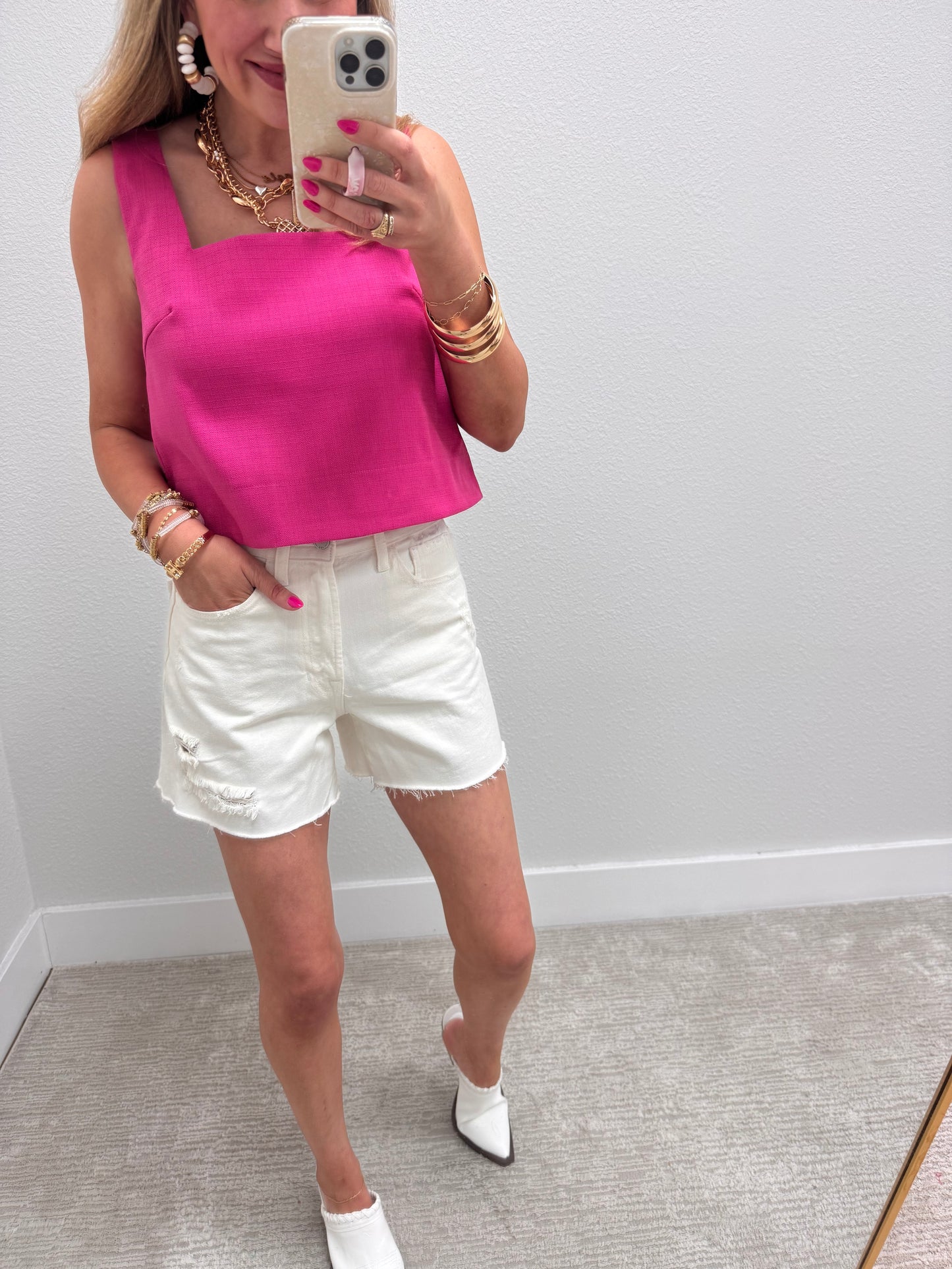 Pink Square Neck Textured Top