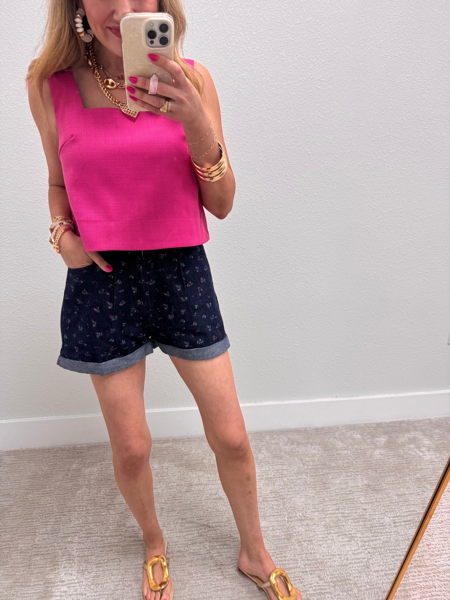 Pink Square Neck Textured Top