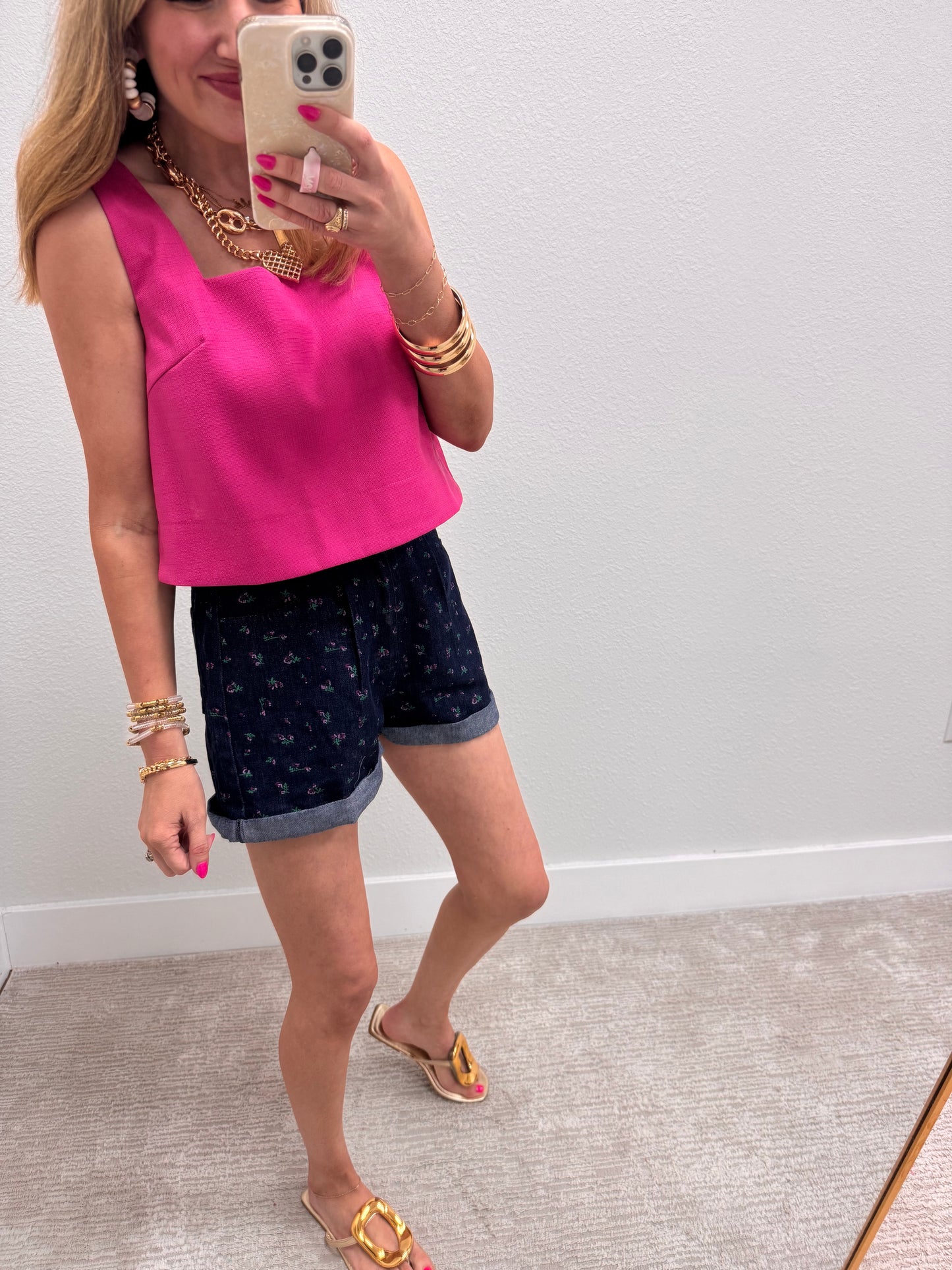 Pink Square Neck Textured Top