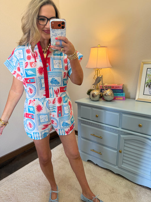 Red and Blue Coastal Print Romper