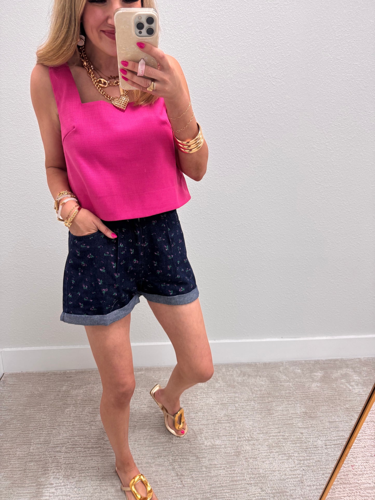Pink Square Neck Textured Top