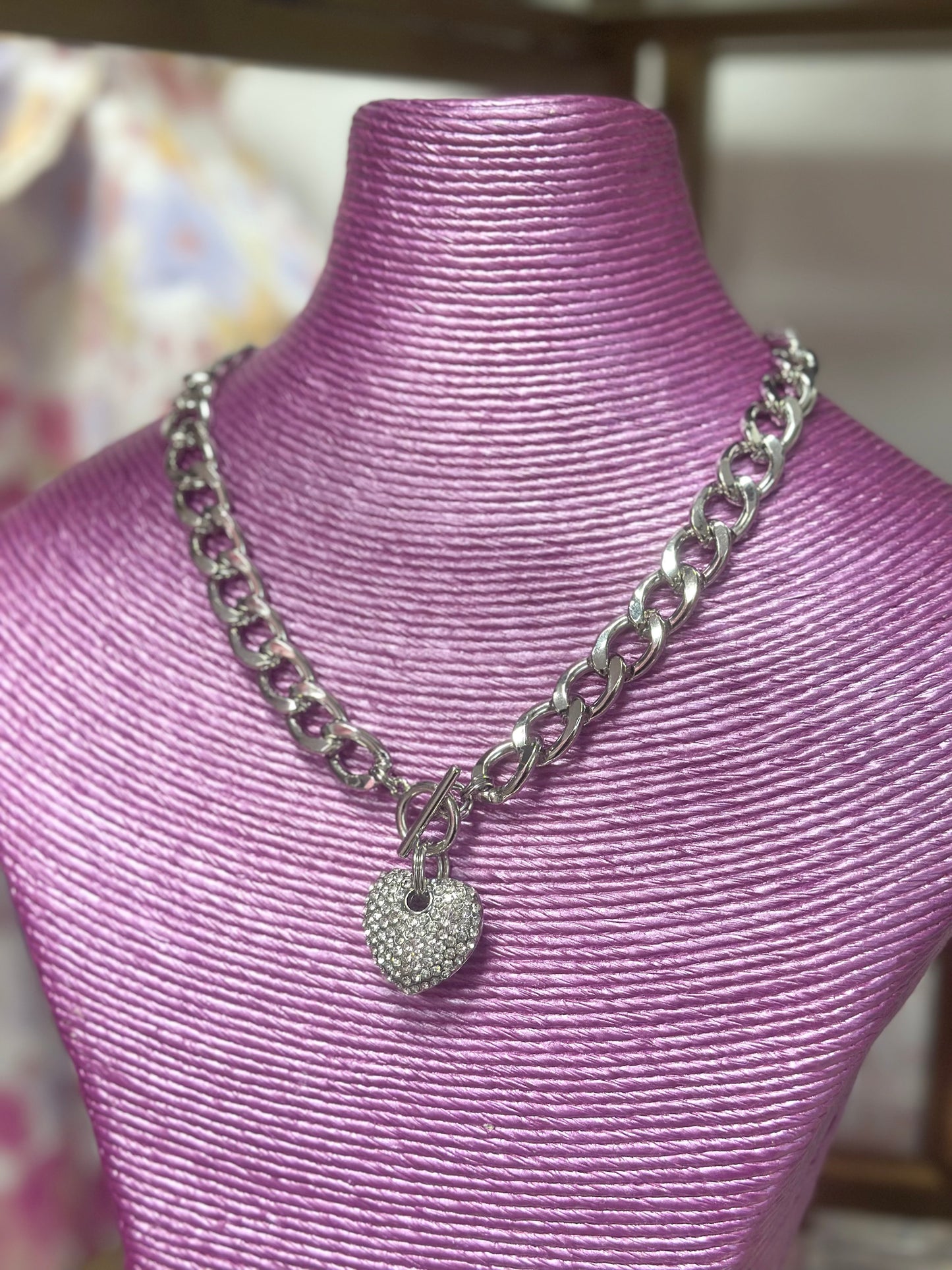 Crystal Heart Front Clasp Silver Link Necklace FS