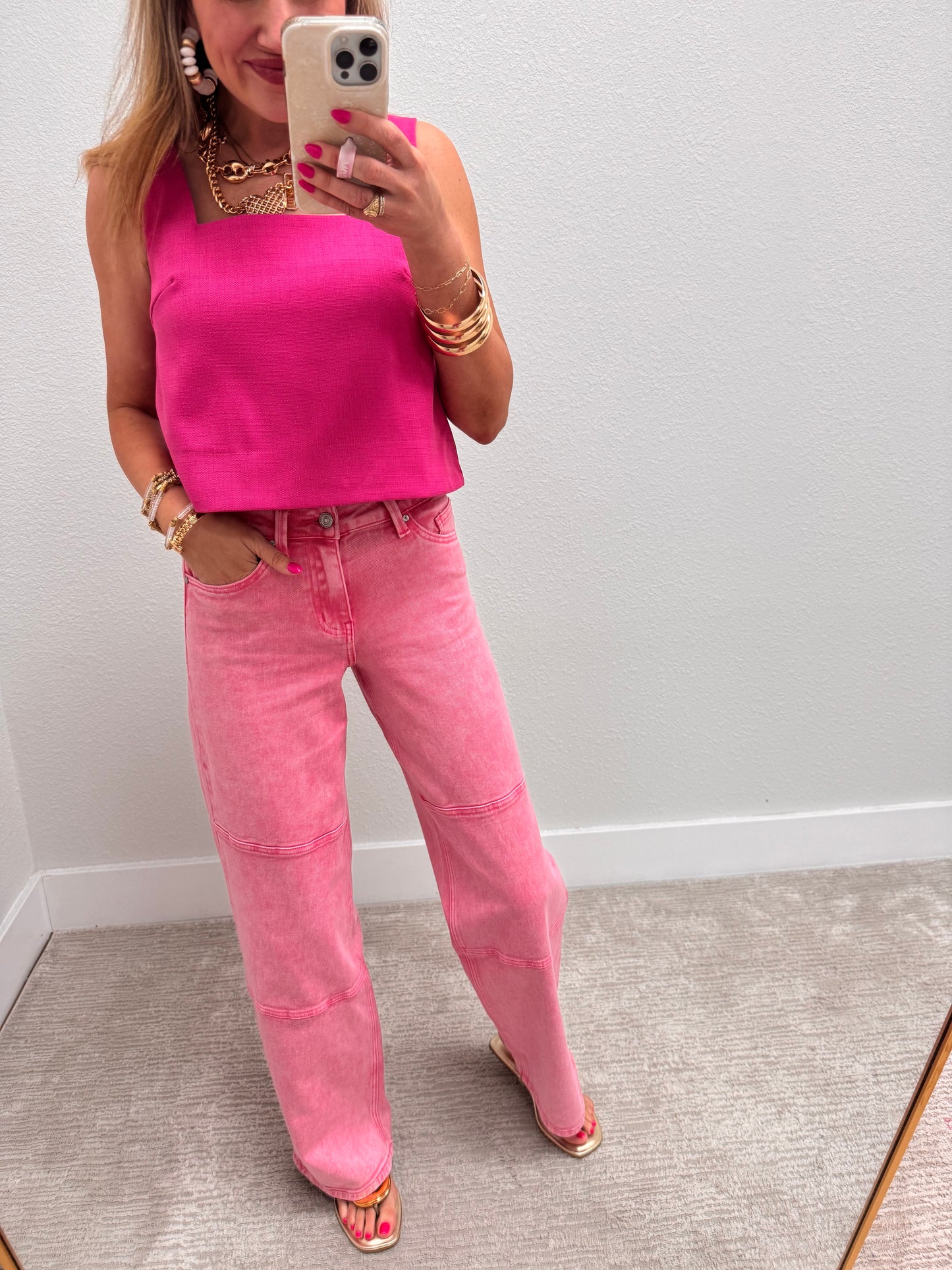 Pink Square Neck Textured Top
