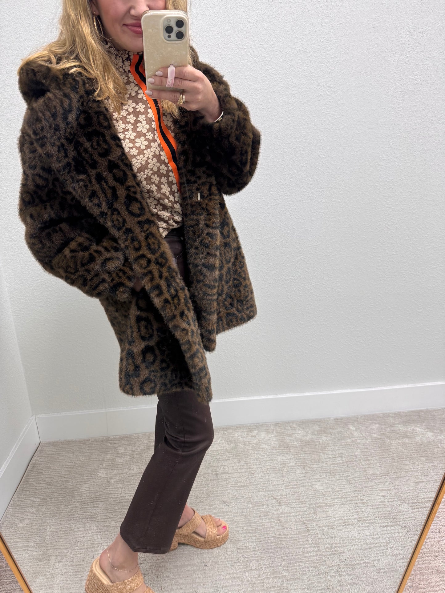 Dark Brown Faux Fur Leopard Print Hooded Jacket