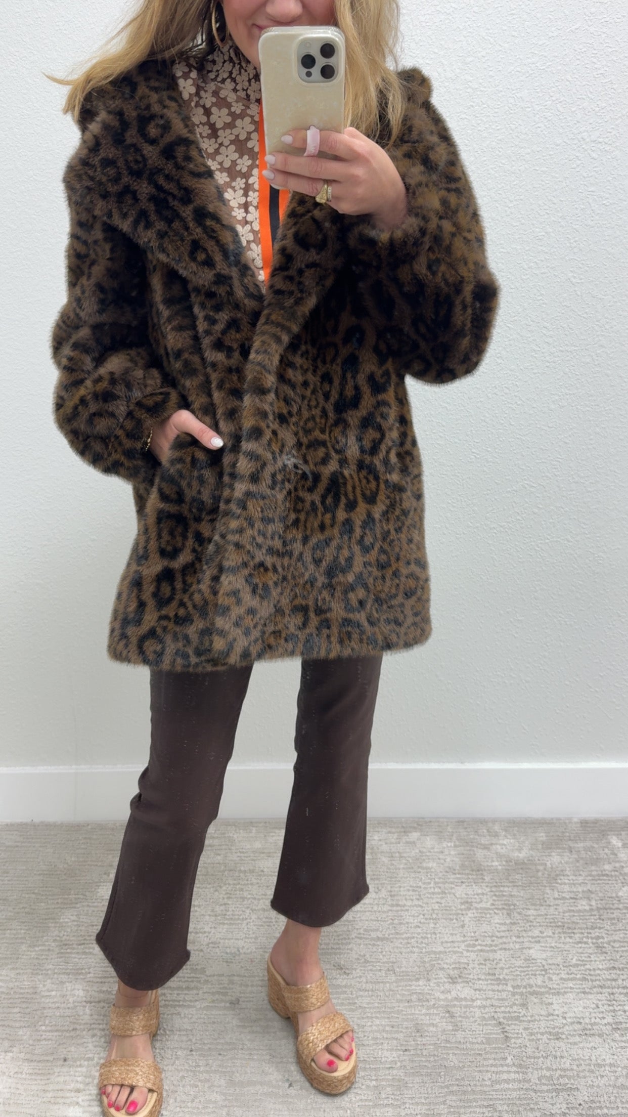 Dark Brown Faux Fur Leopard Print Hooded Jacket