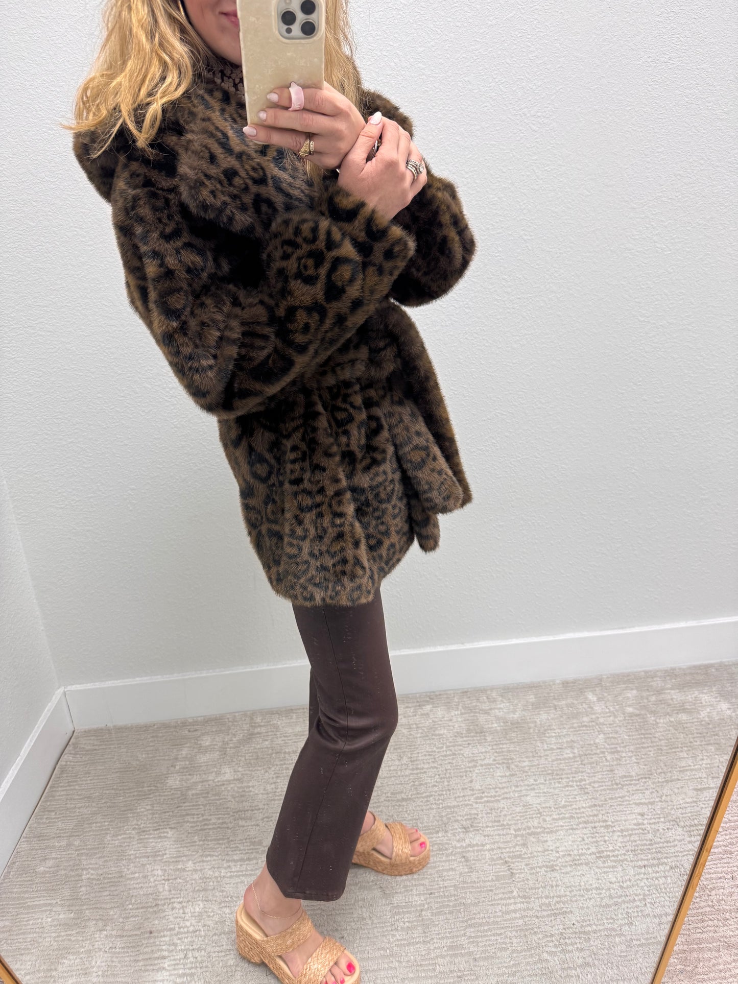 Dark Brown Faux Fur Leopard Print Hooded Jacket
