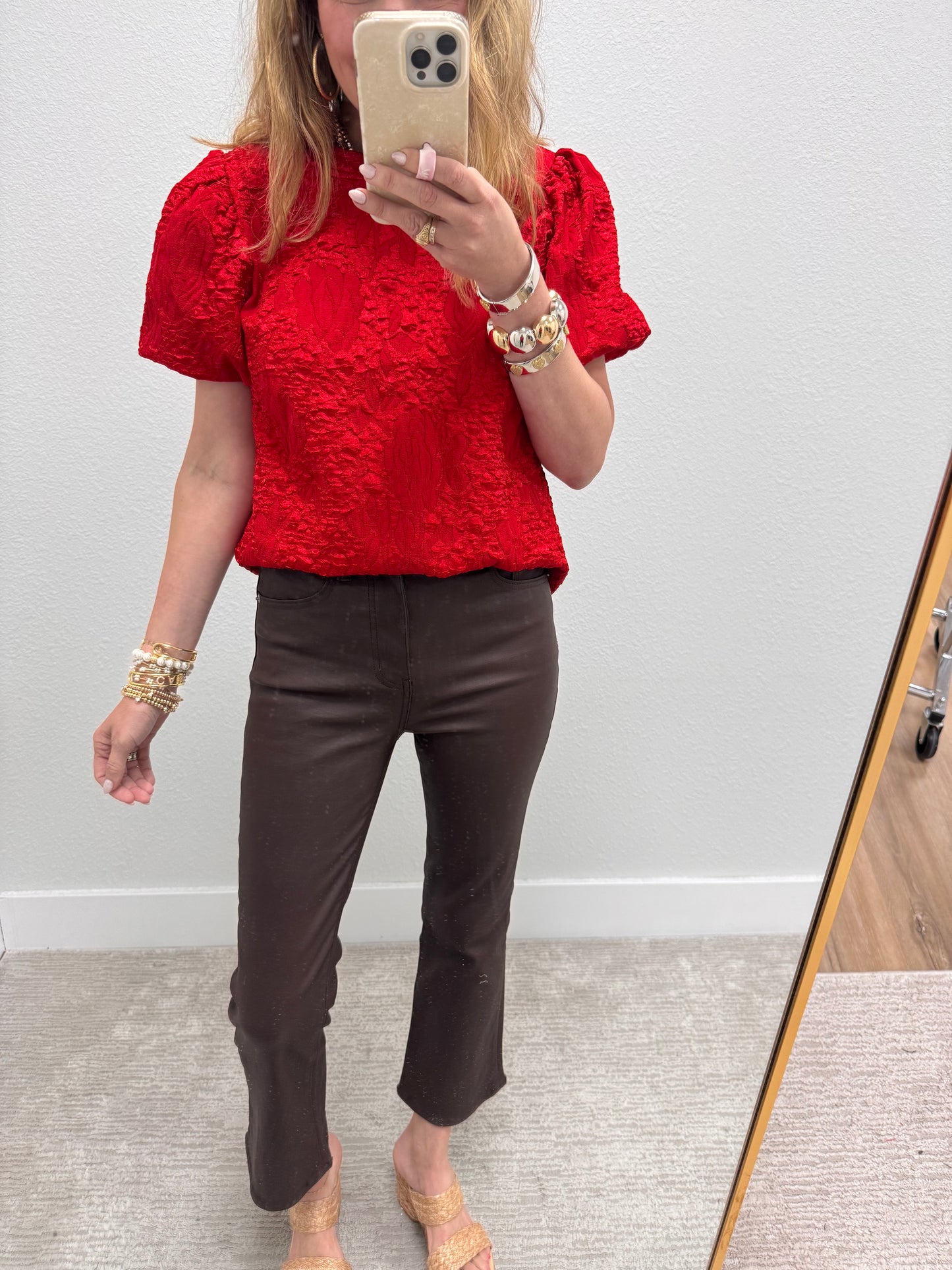 Red Floral Textured Satin Top