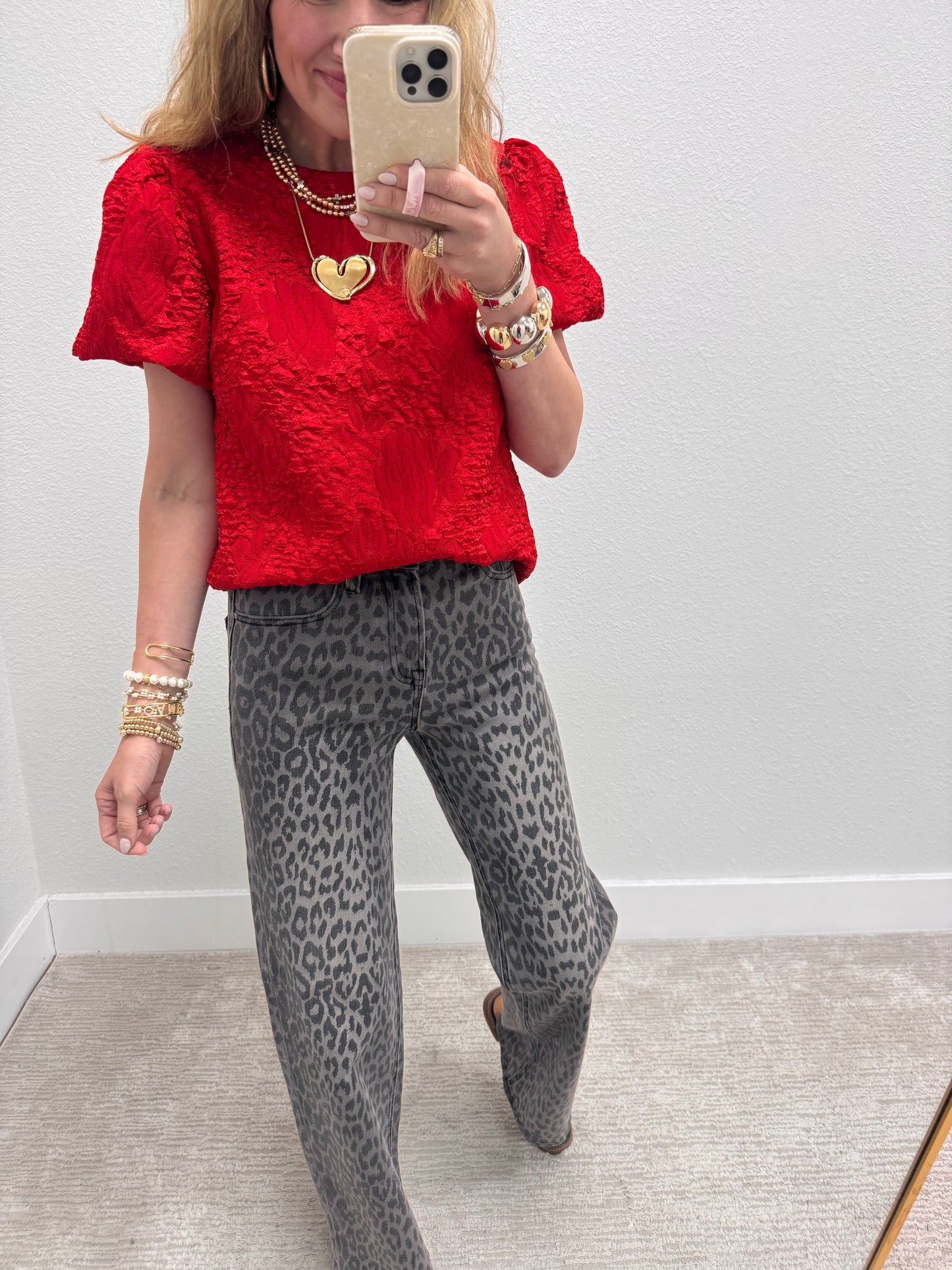 Red Floral Textured Satin Top