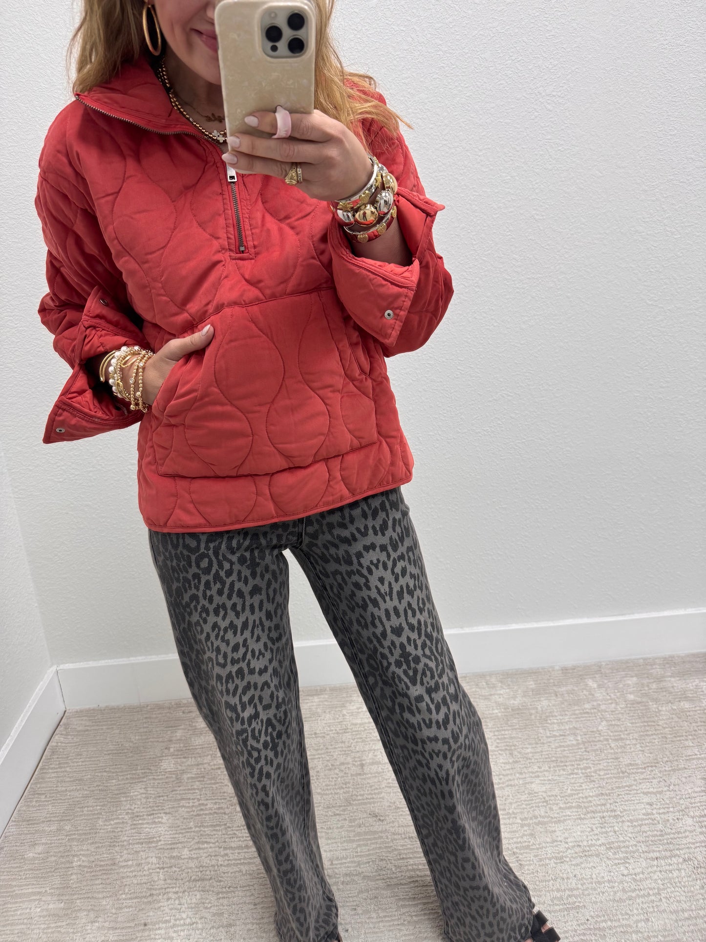 Pale Red Half Zip High Neck Pullover