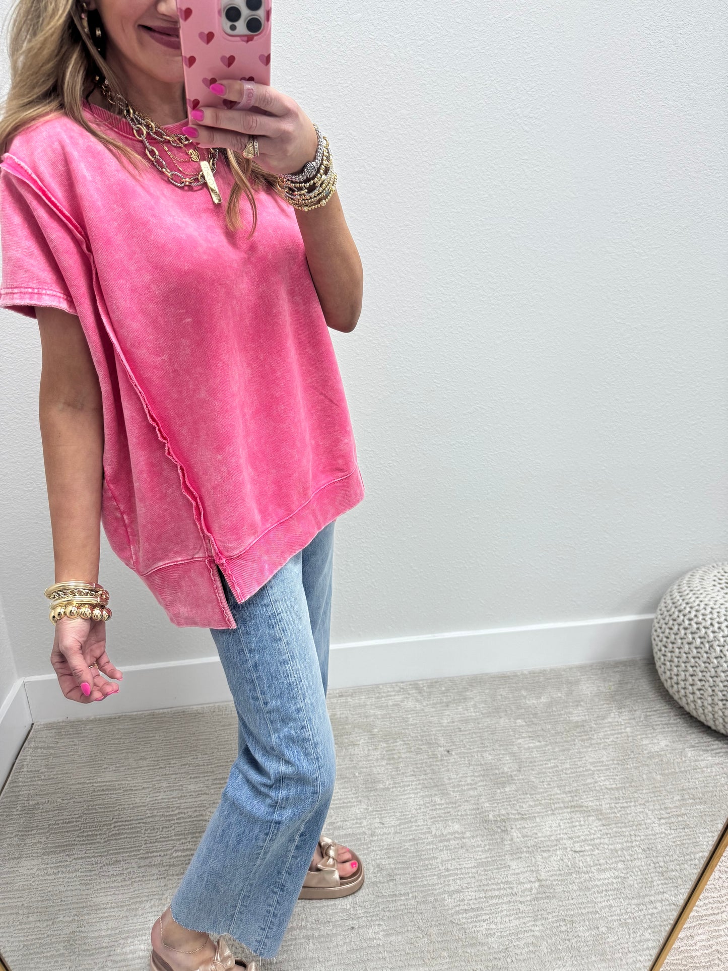 Fuchsia Mineral Washed Exposed Hem Short Sleeve