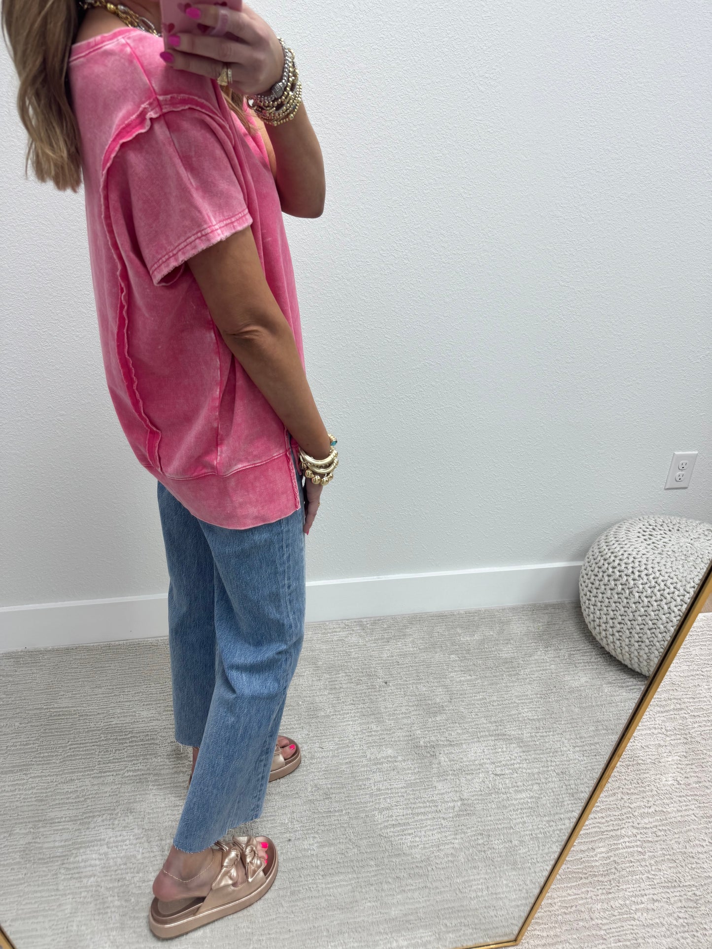 Fuchsia Mineral Washed Exposed Hem Short Sleeve
